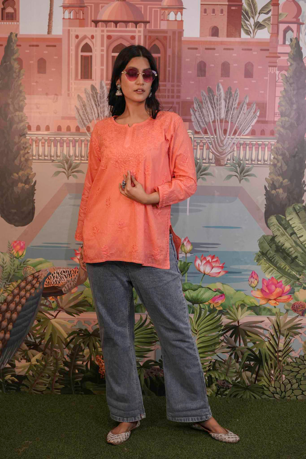 Dobby Cotton Orange Chikankari Short Kurti