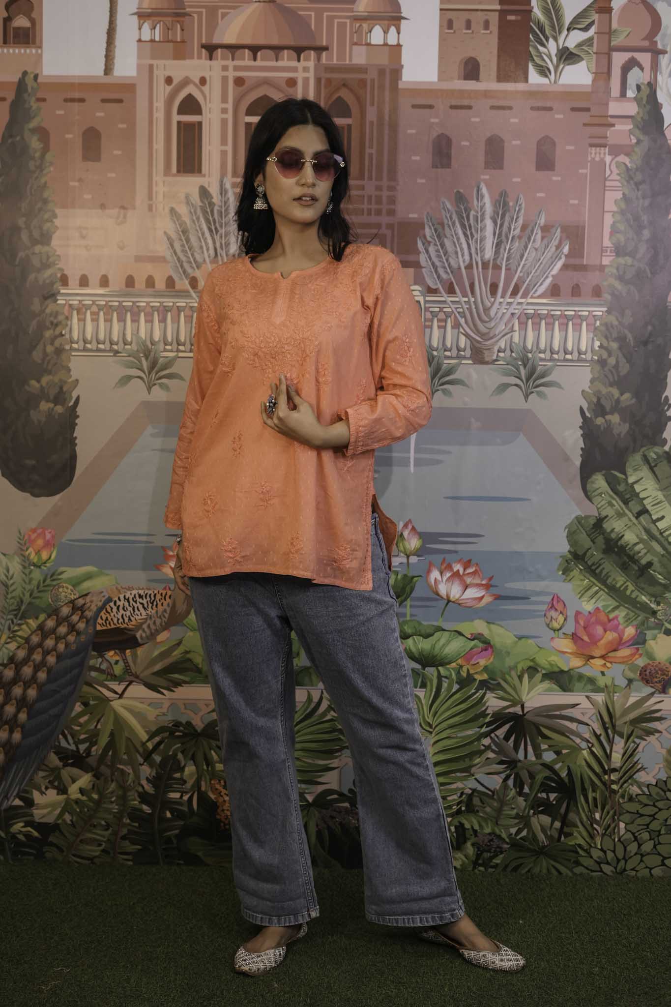 Dobby Cotton Orange Chikankari Short Kurti