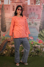 Dobby Cotton Orange Chikankari Short Kurti