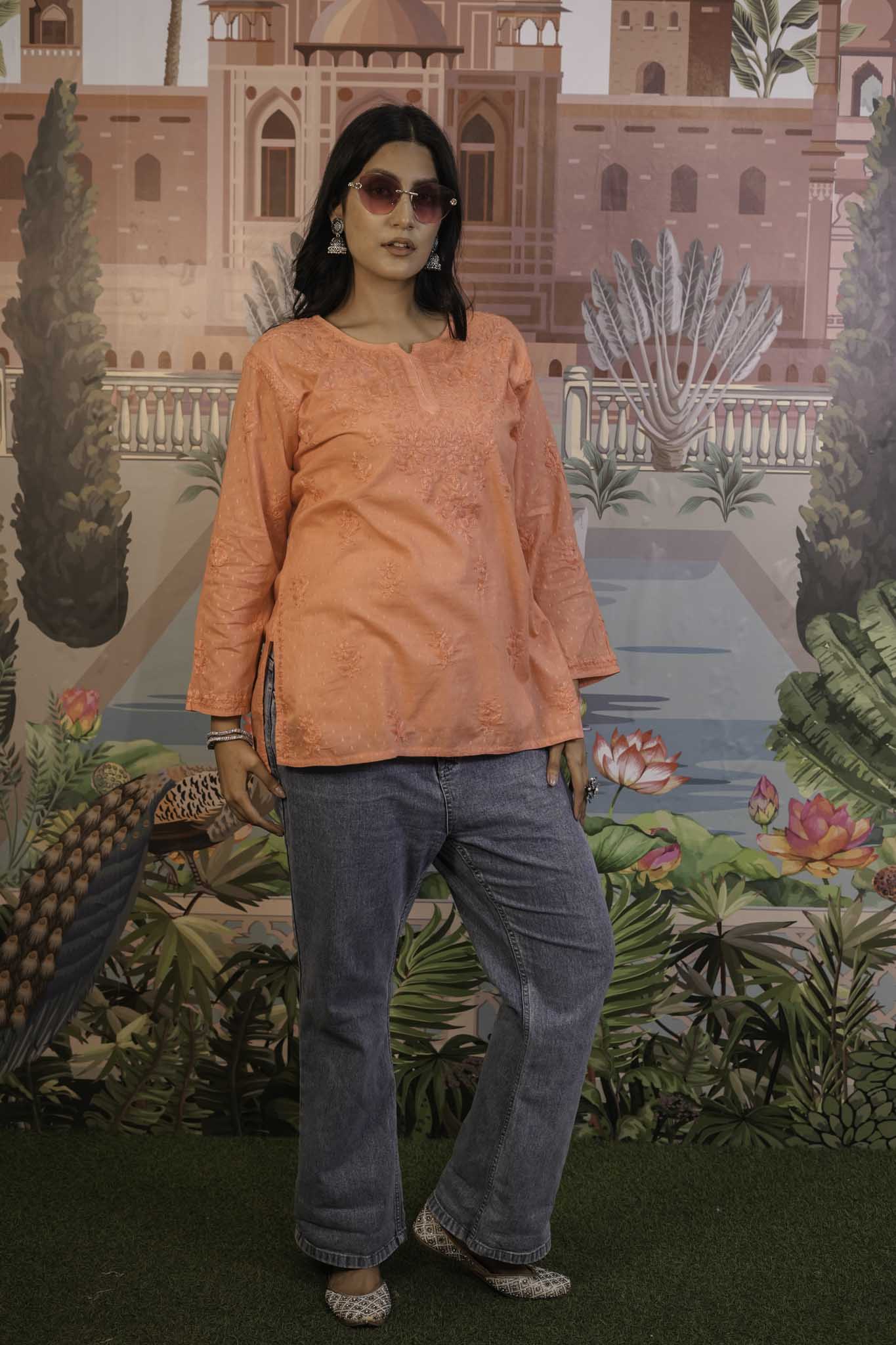 Dobby Cotton Orange Chikankari Short Kurti