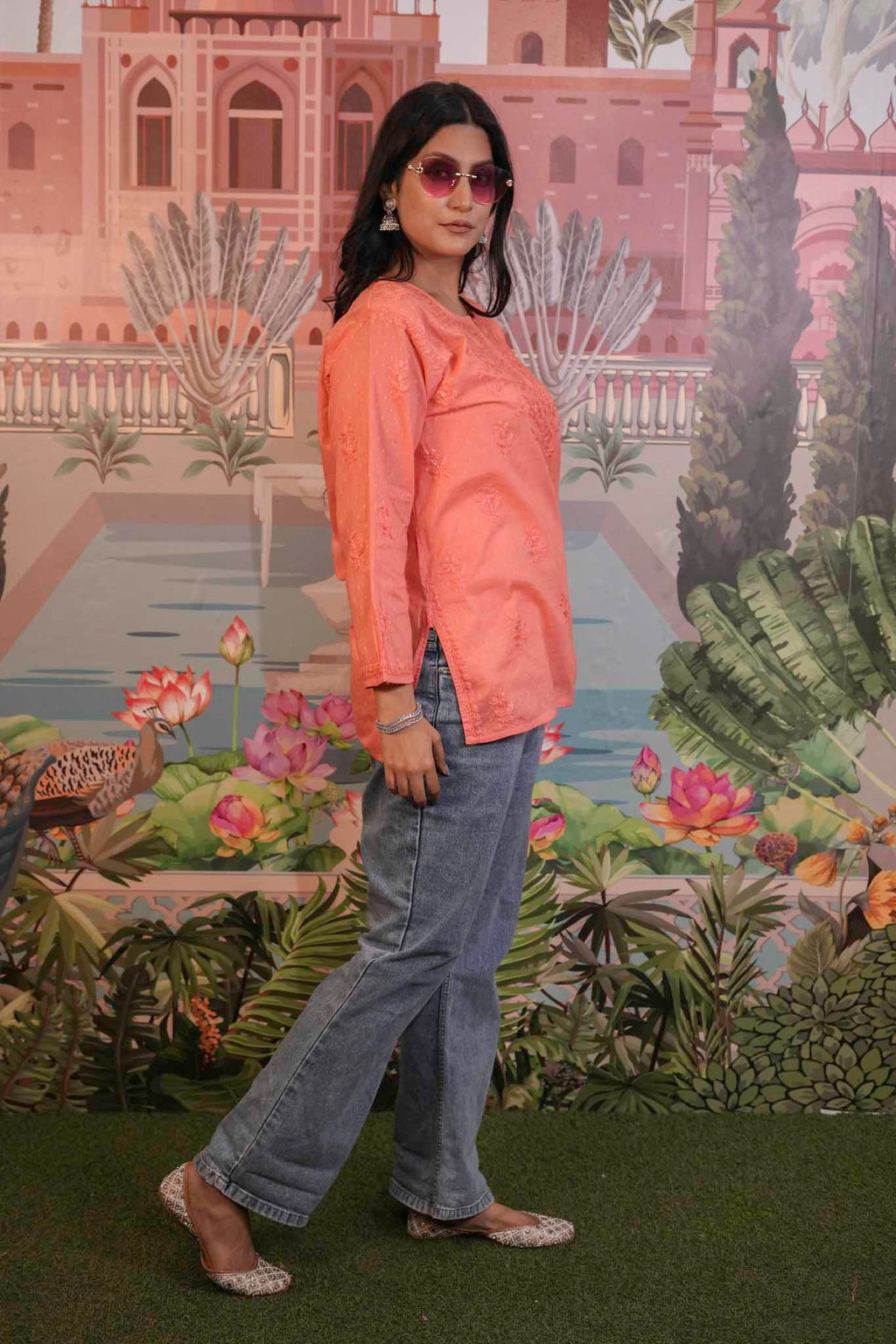 Dobby Cotton Orange Chikankari Short Kurti