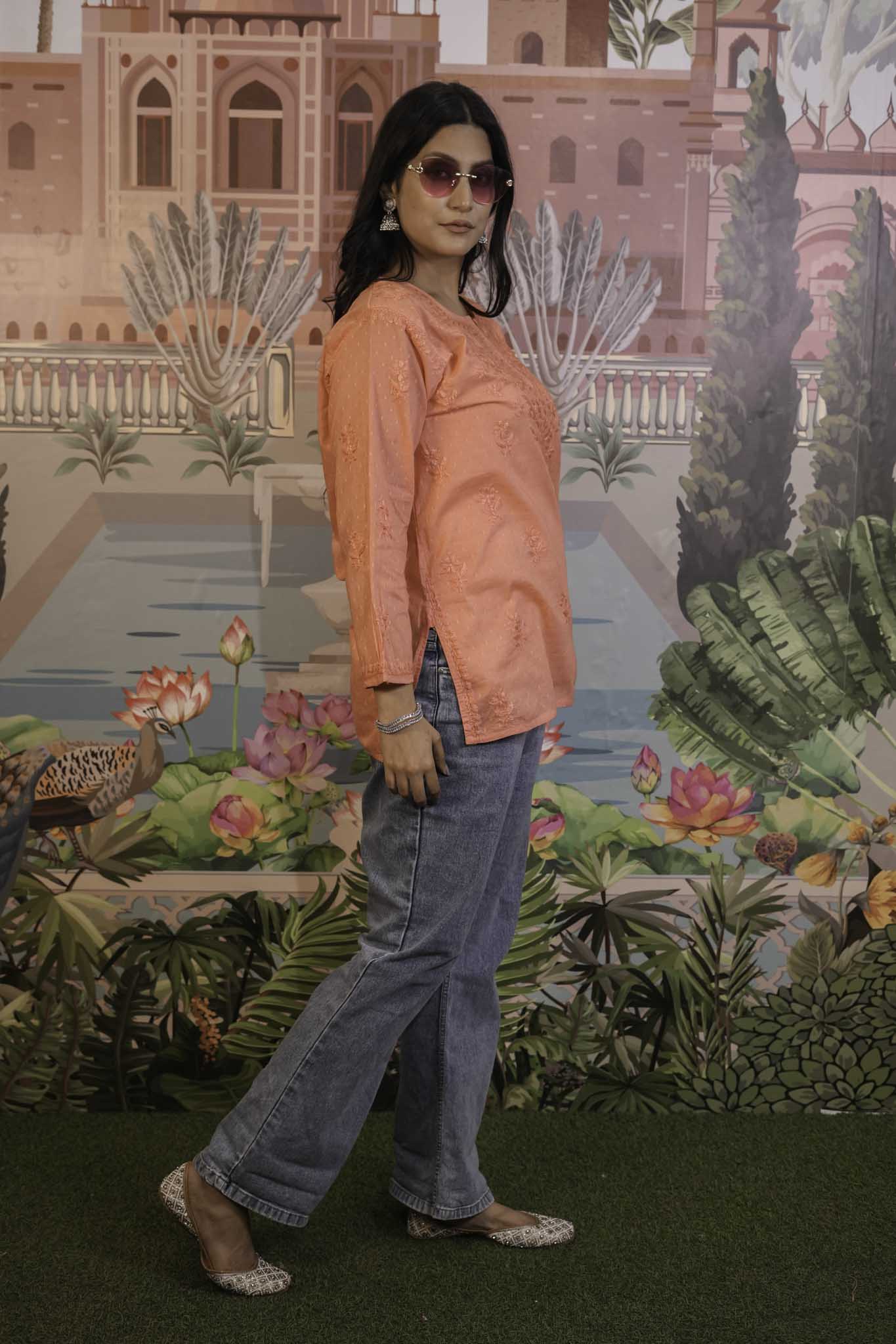Dobby Cotton Orange Chikankari Short Kurti