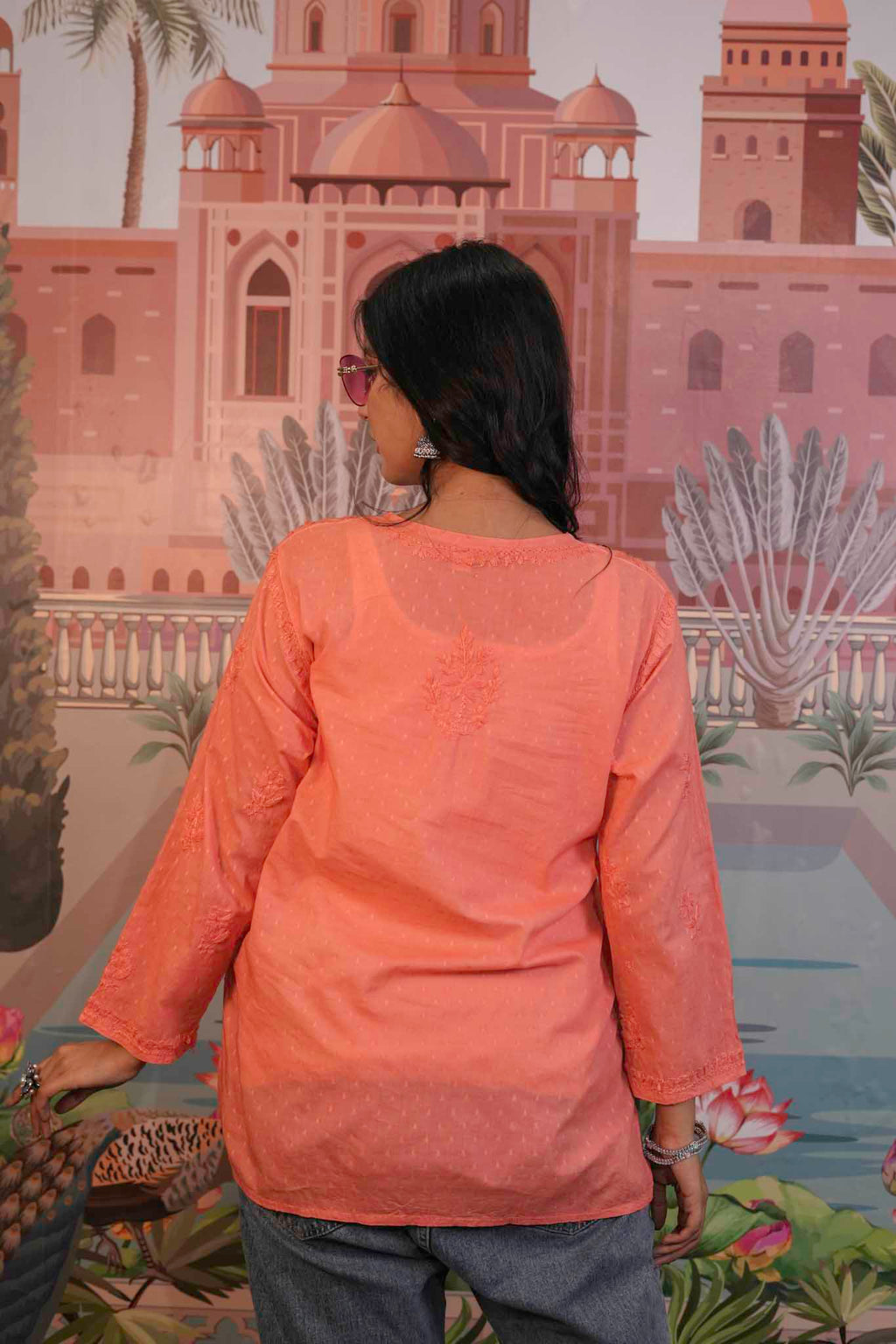 Dobby Cotton Orange Chikankari Short Kurti