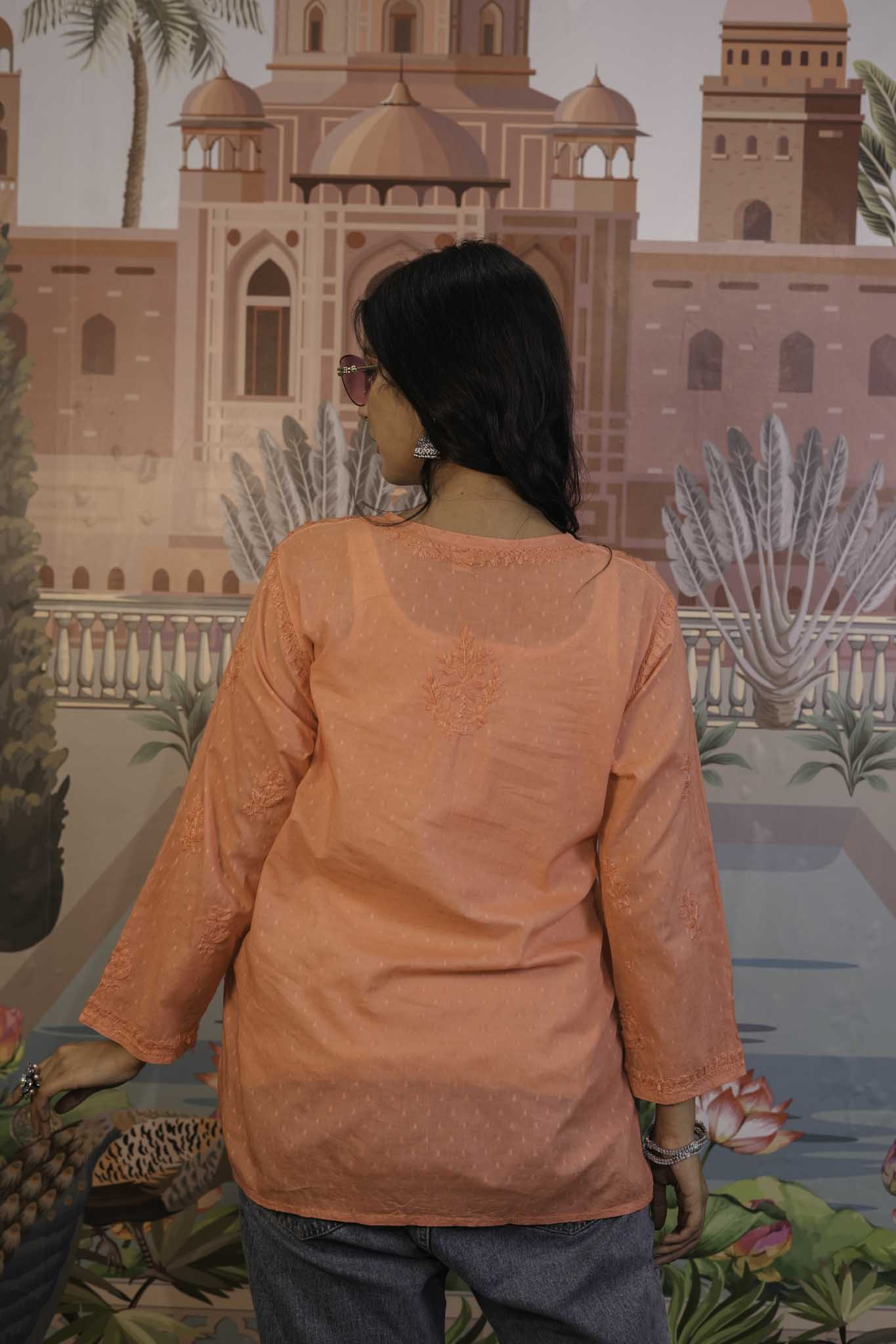 Dobby Cotton Orange Chikankari Short Kurti