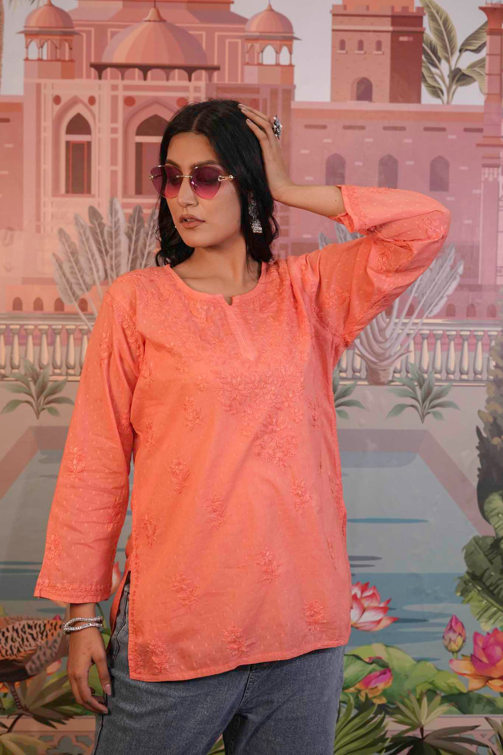 Dobby Cotton Orange Chikankari Short Kurti