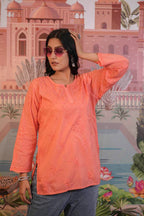 Dobby Cotton Orange Chikankari Short Kurti