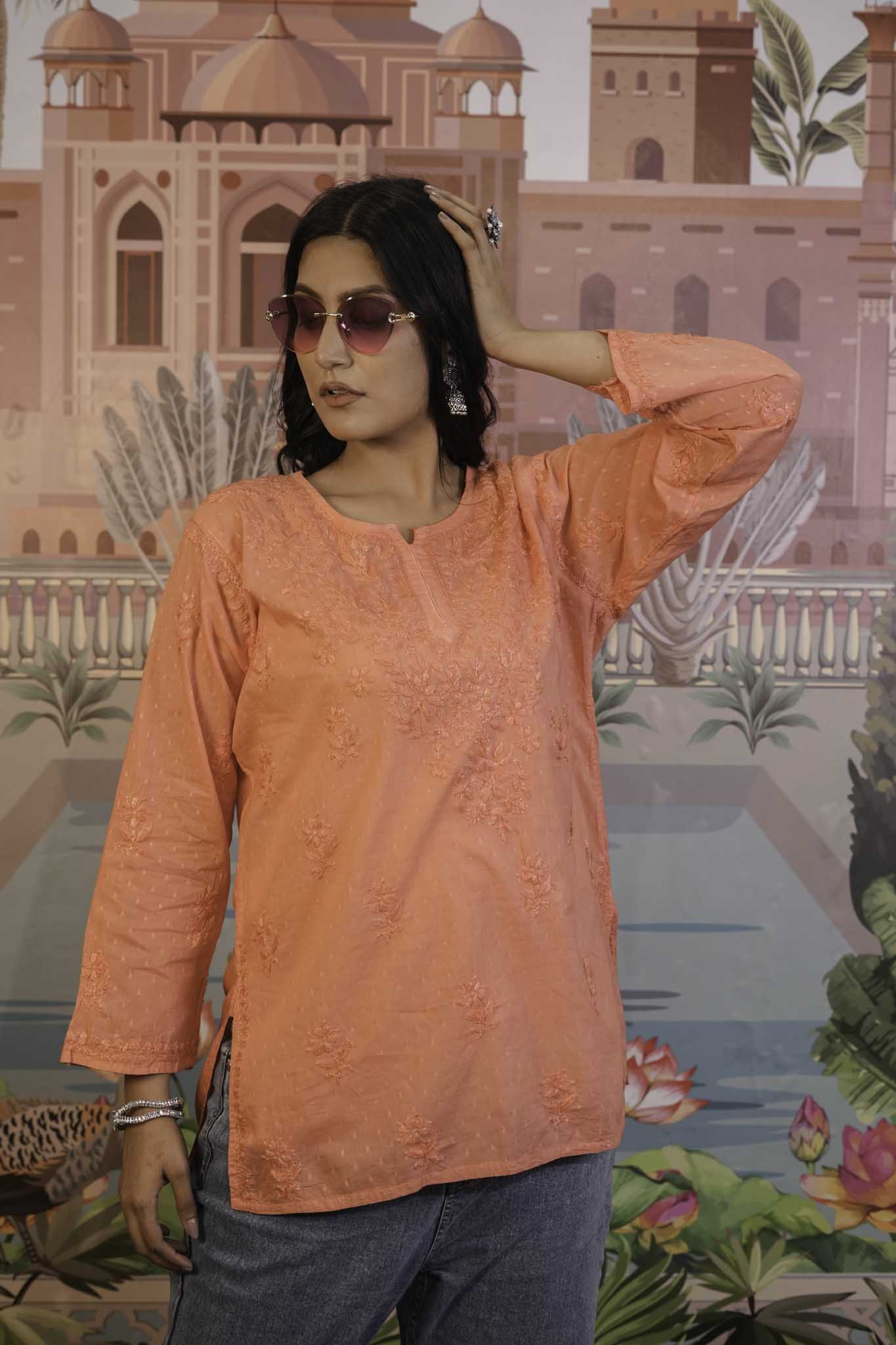 Dobby Cotton Orange Chikankari Short Kurti