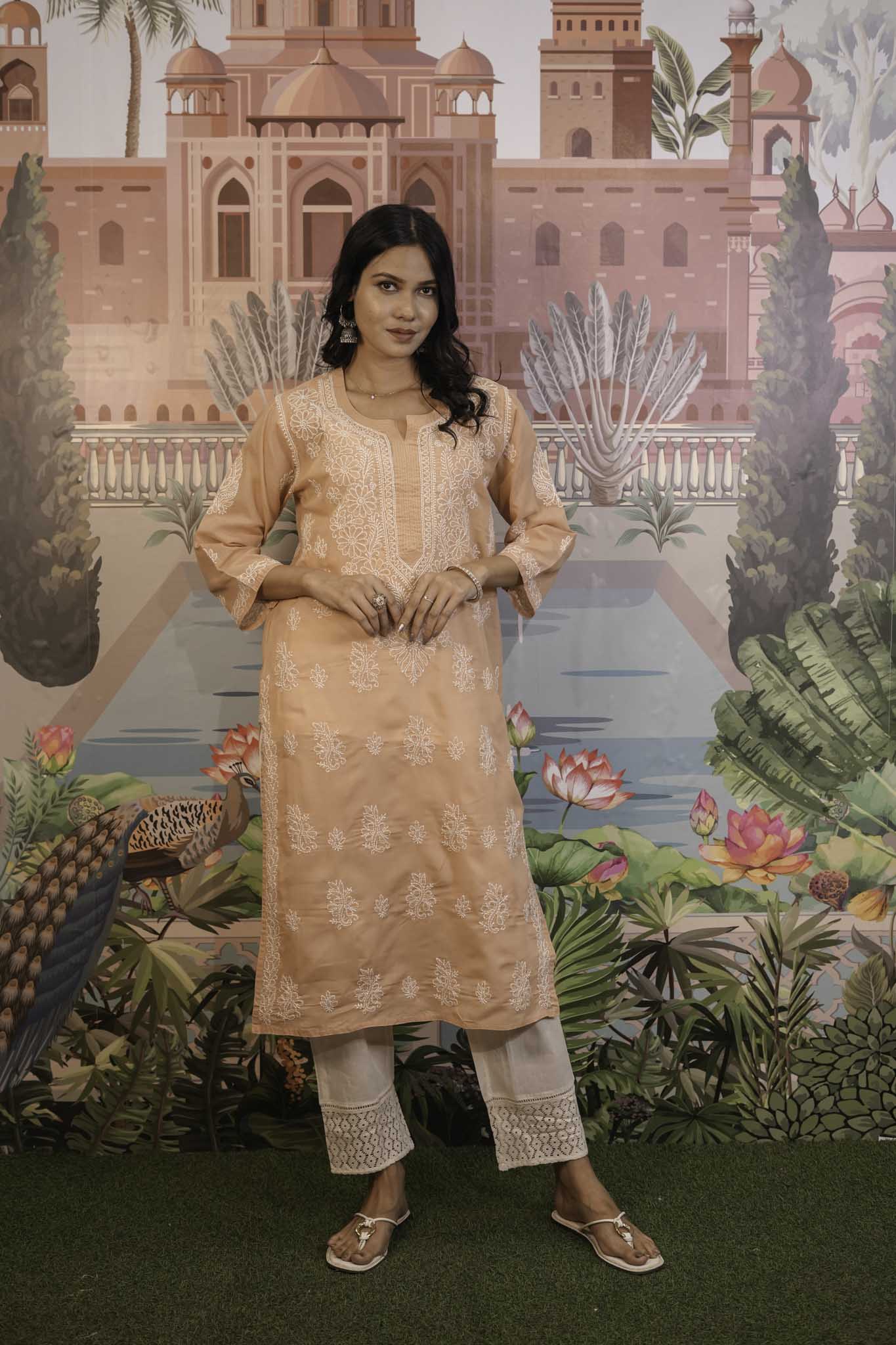 Cotton Voile Orange Chikankari Kurti