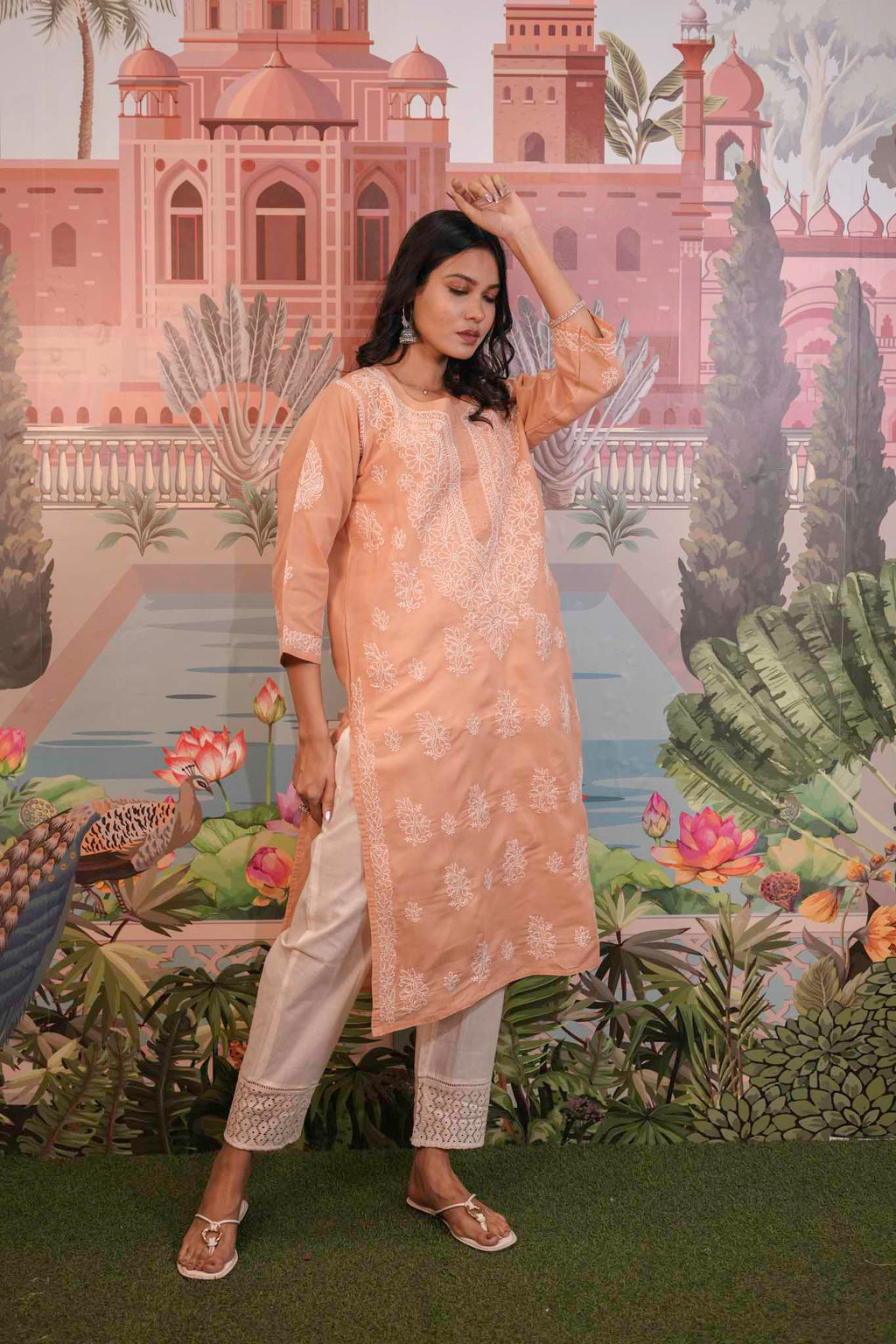 Cotton Voile Orange Chikankari Kurti