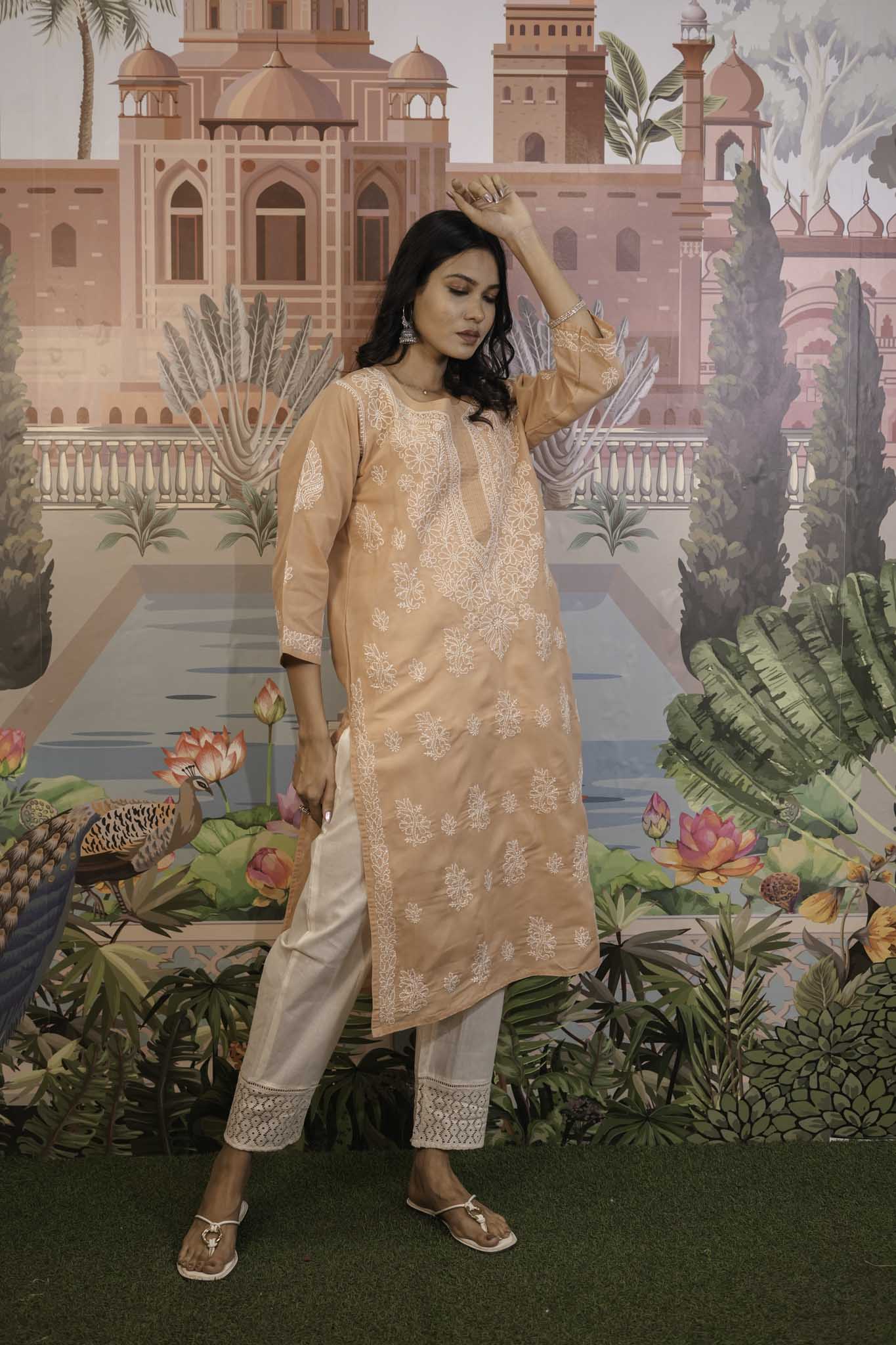 Cotton Voile Orange Chikankari Kurti