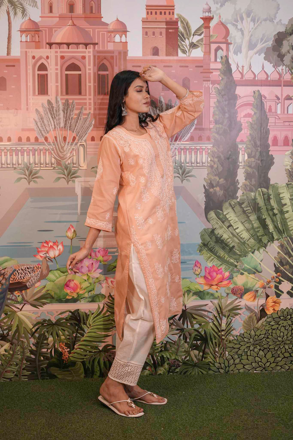 Cotton Voile Orange Chikankari Kurti