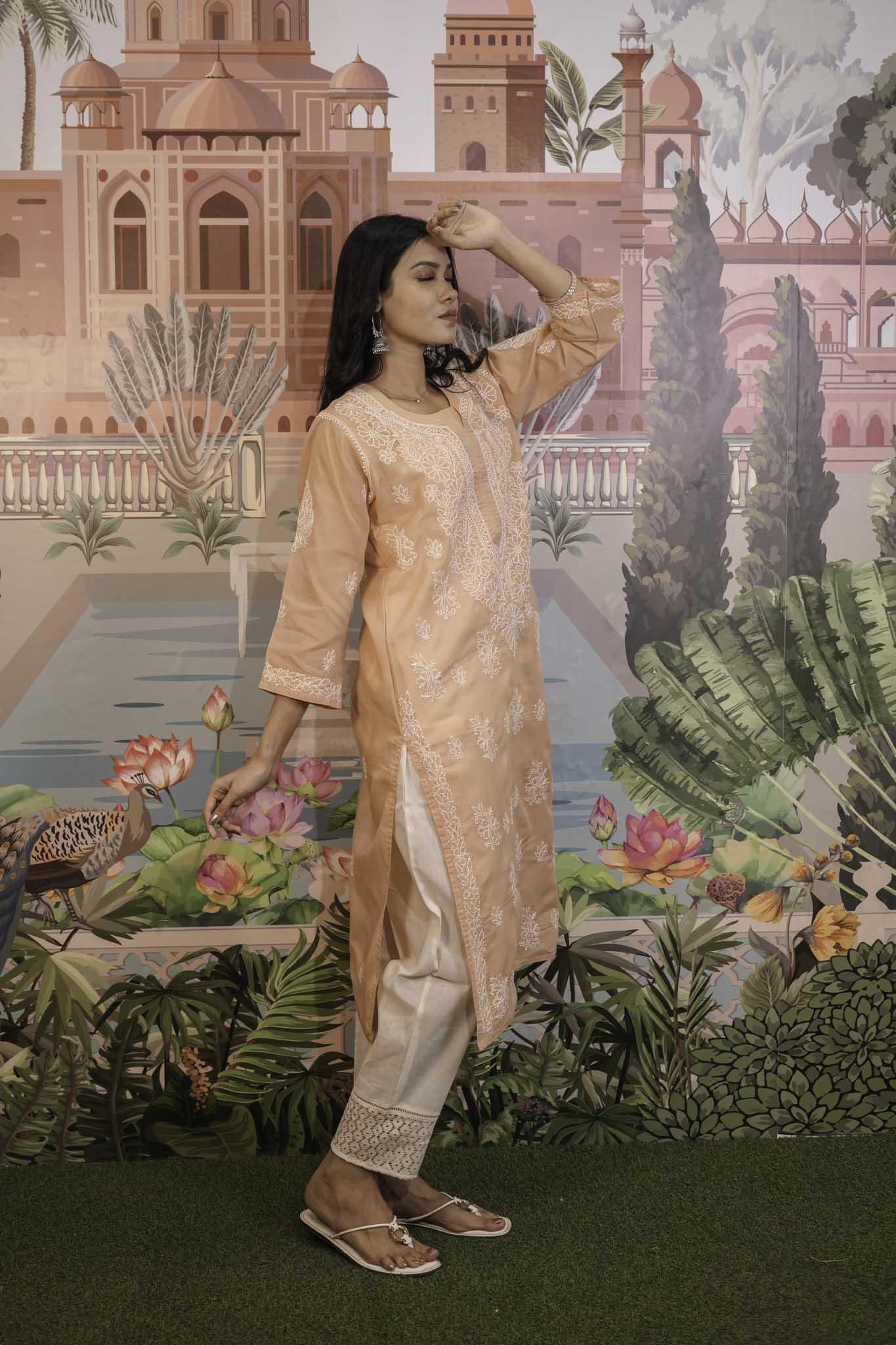 Cotton Voile Orange Chikankari Kurti