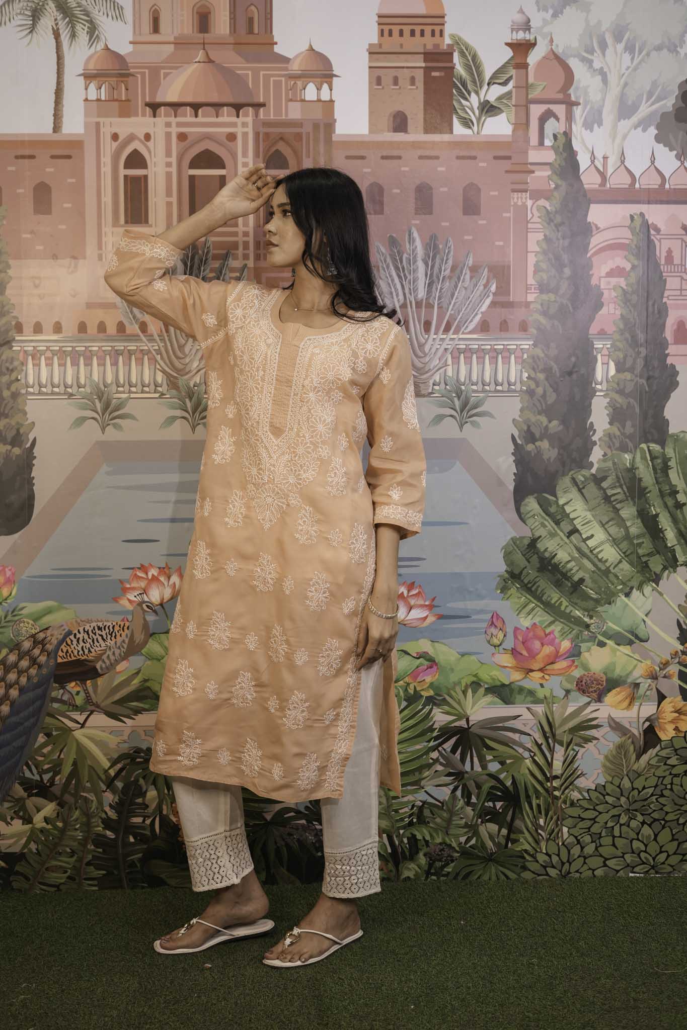 Cotton Voile Orange Chikankari Kurti
