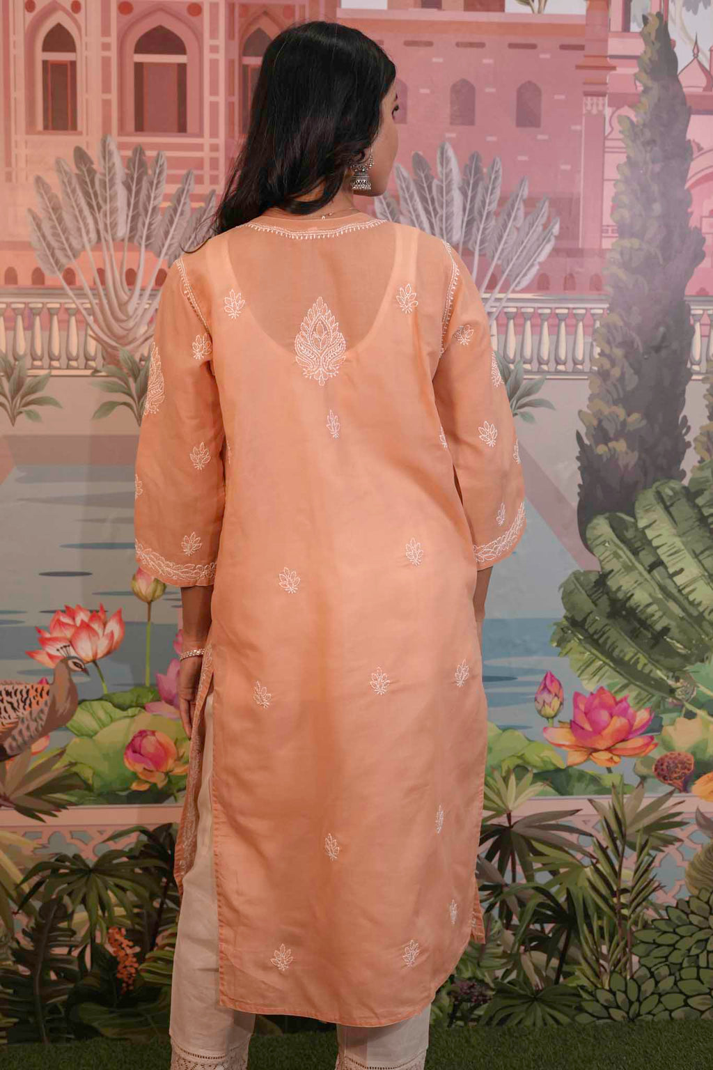 Cotton Voile Orange Chikankari Kurti