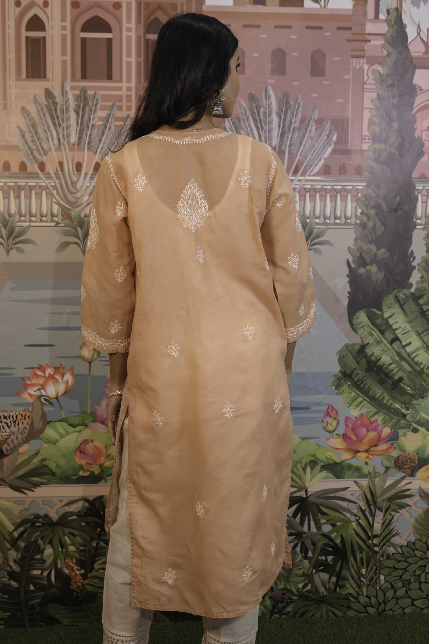 Cotton Voile Orange Chikankari Kurti