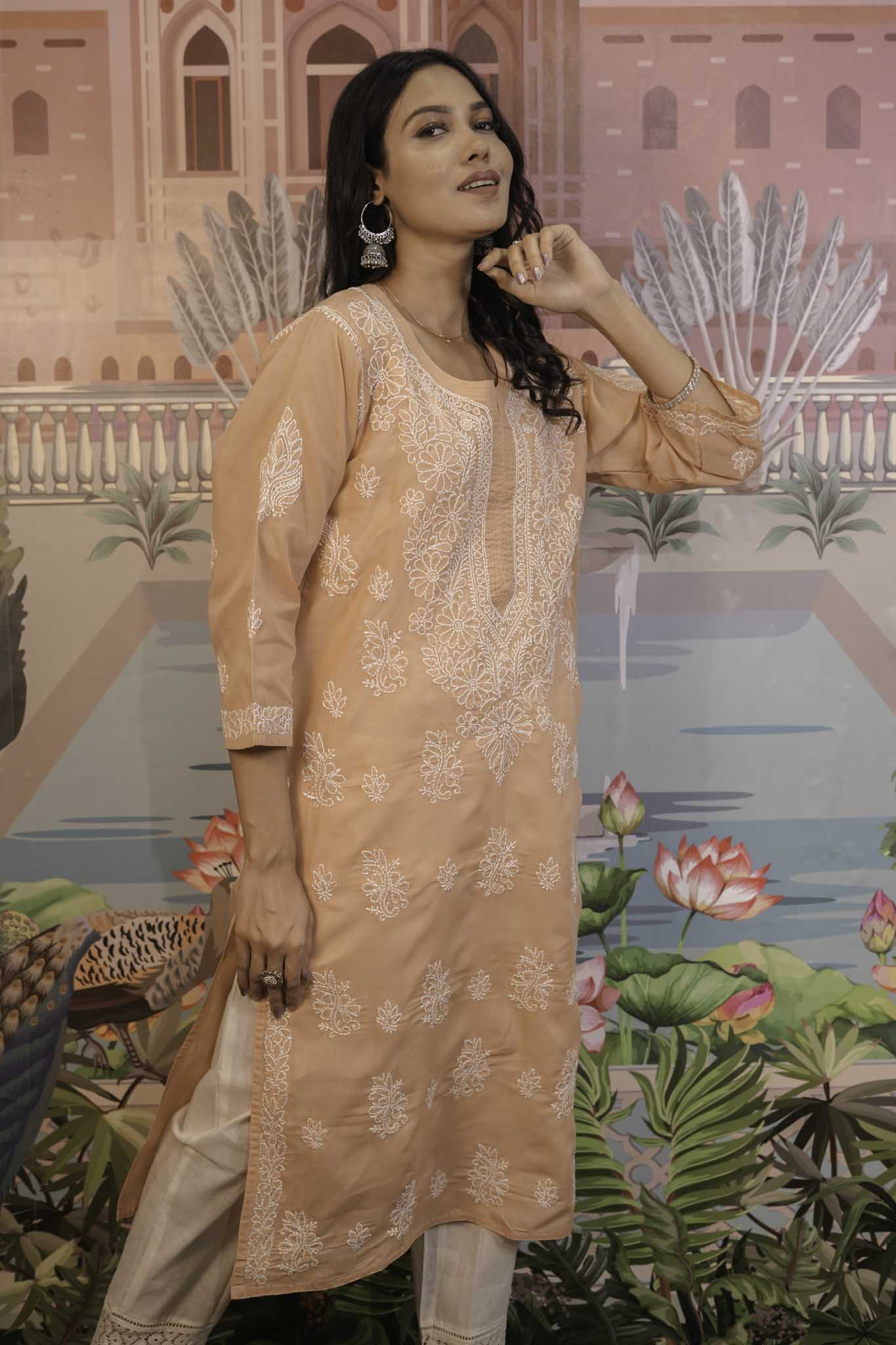 Cotton Voile Orange Chikankari Kurti