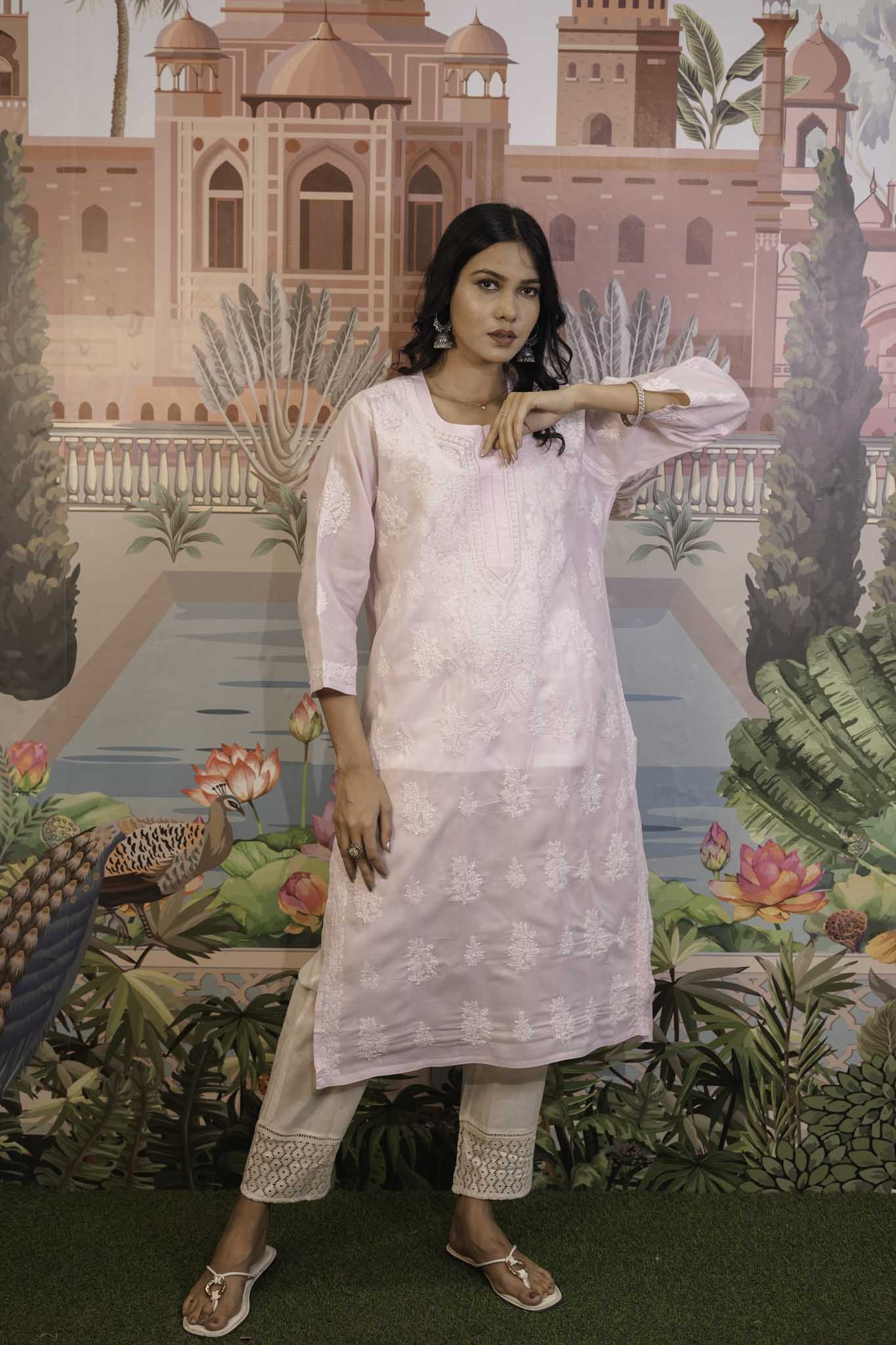 Cotton Voile Pink Chikankari Kurti