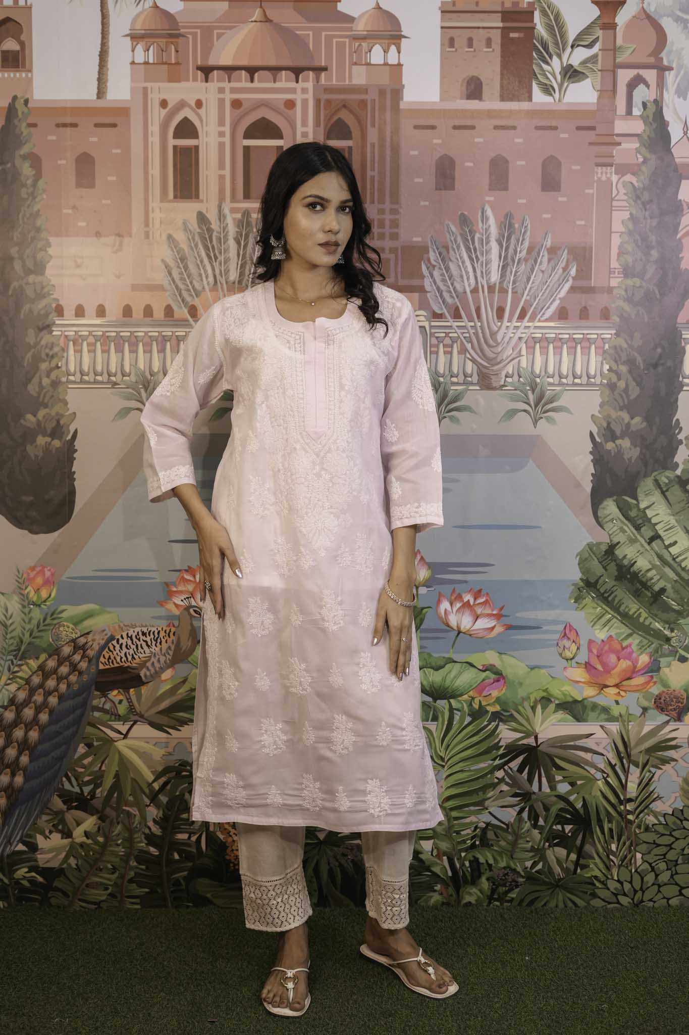 Cotton Voile Pink Chikankari Kurti