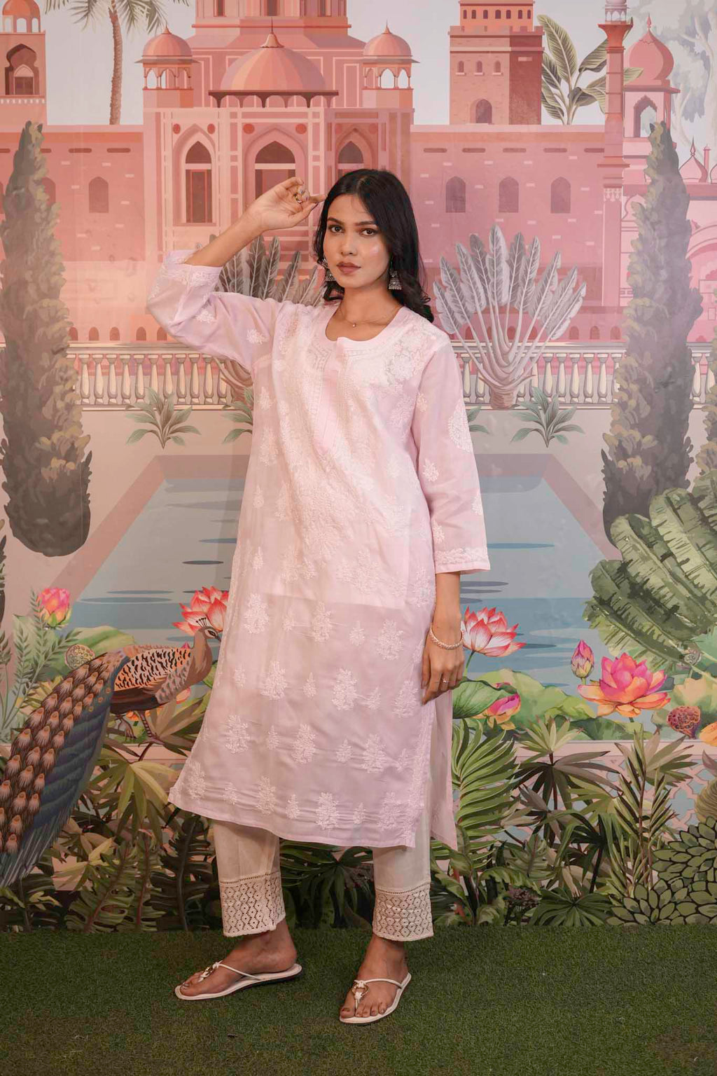 Cotton Voile Pink Chikankari Kurti