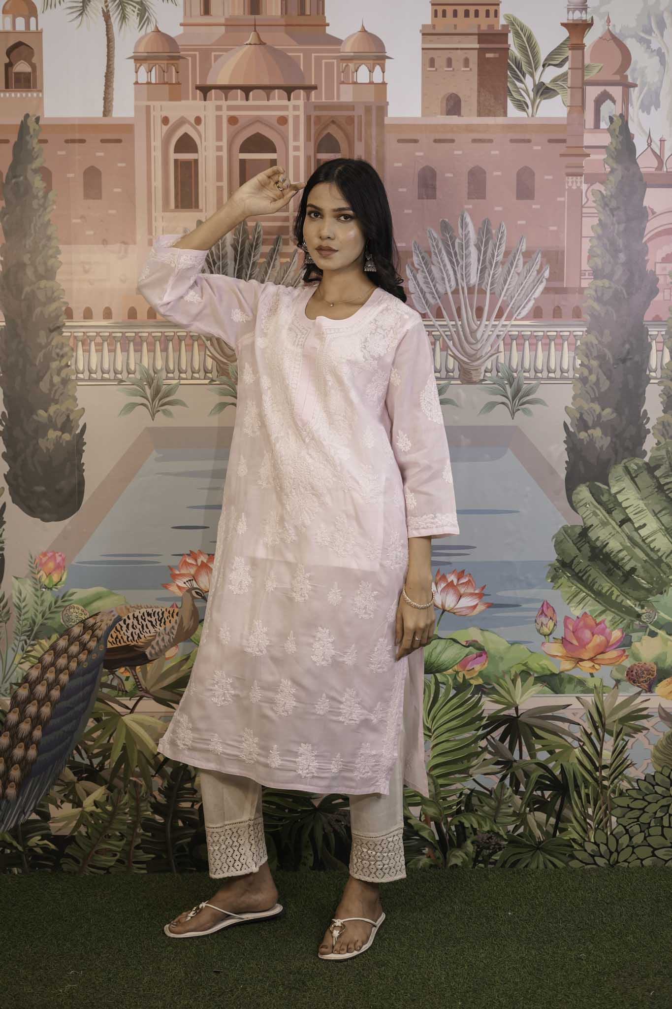 Cotton Voile Pink Chikankari Kurti