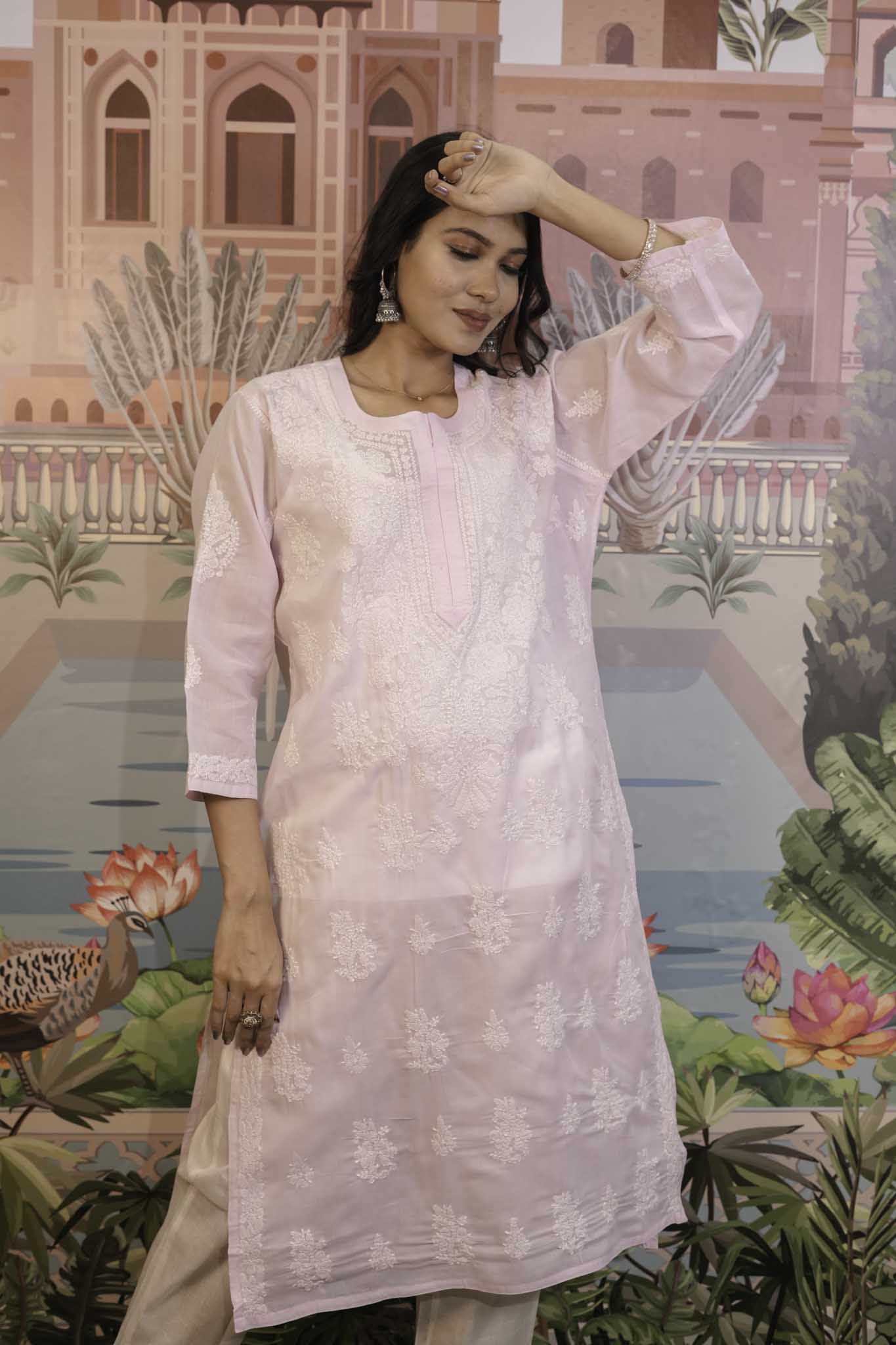 Cotton Voile Pink Chikankari Kurti