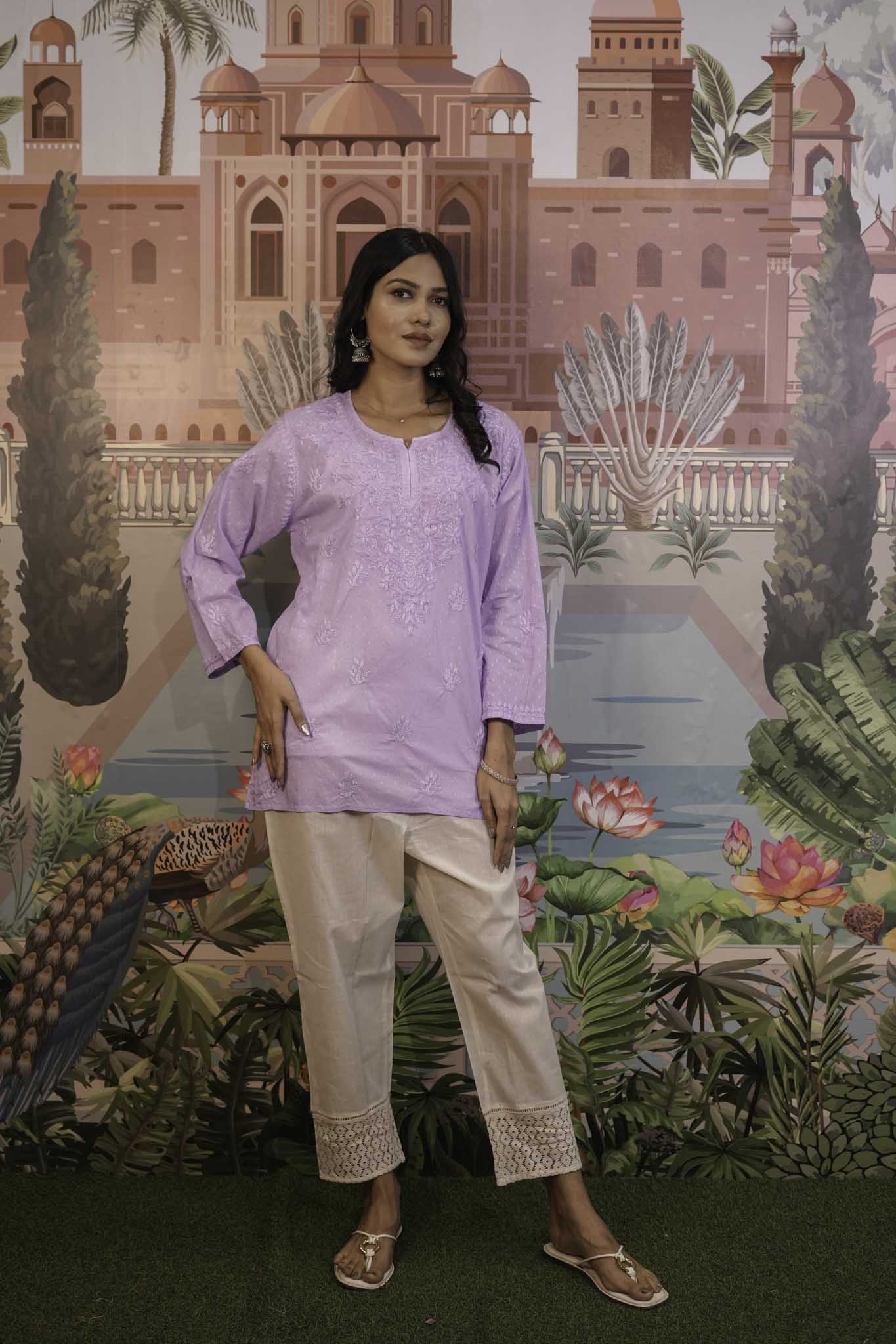Dobby Cotton Purple Chikankari Short Kurti