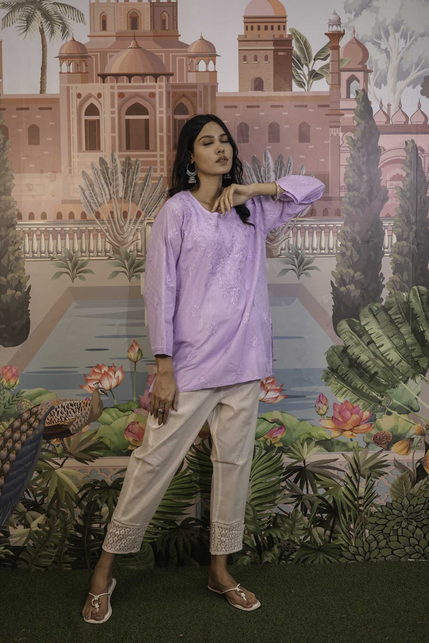 Dobby Cotton Purple Chikankari Short Kurti