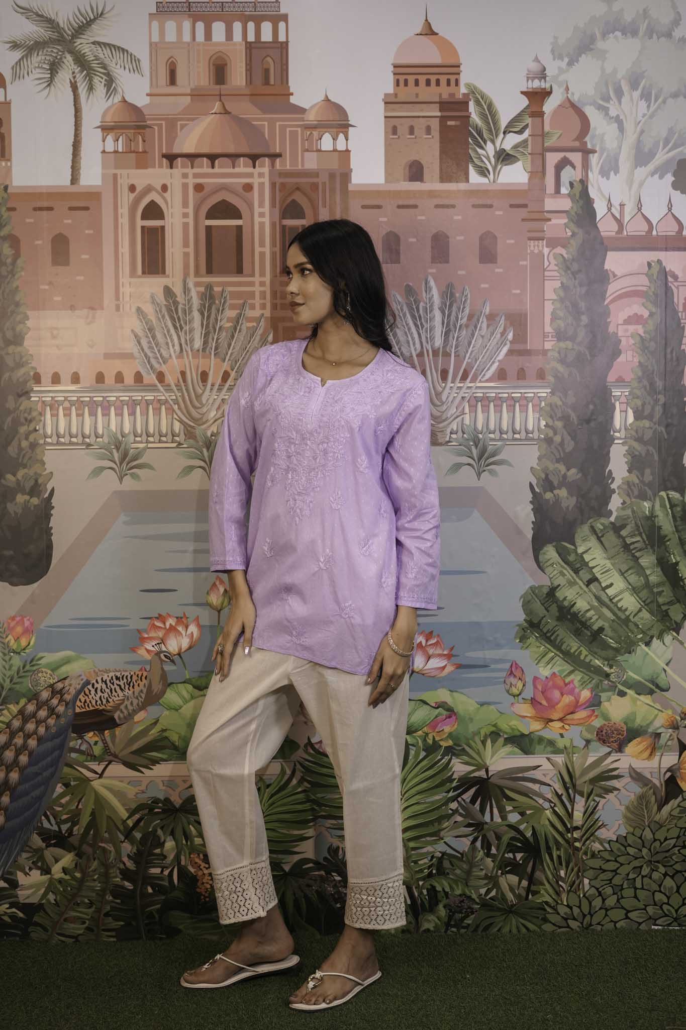 Dobby Cotton Purple Chikankari Short Kurti