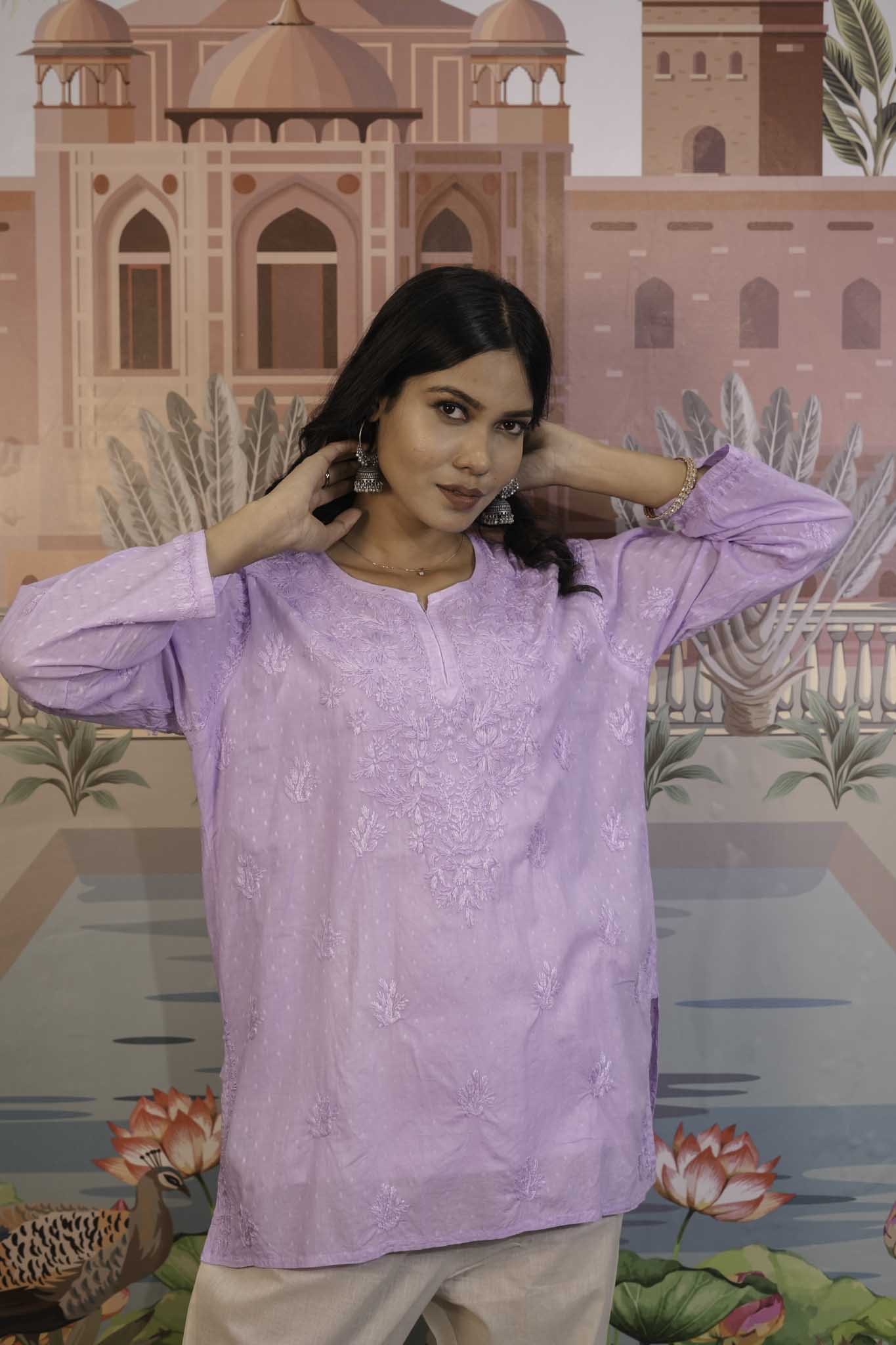 Dobby Cotton Purple Chikankari Short Kurti