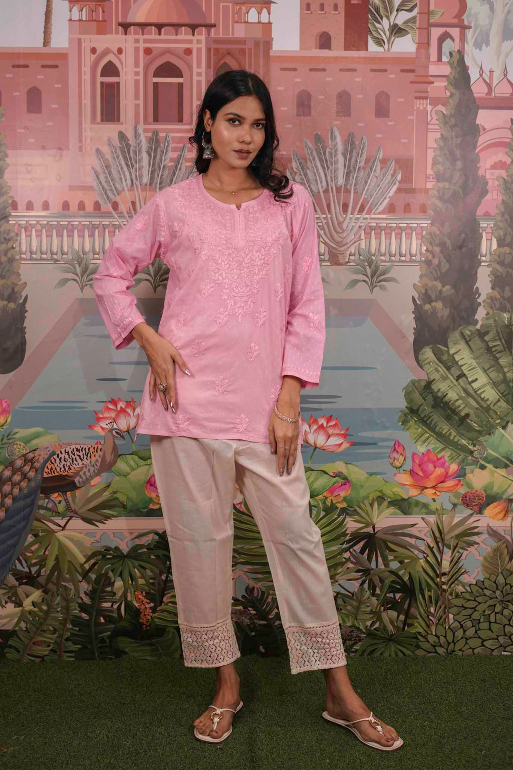 Dobby Cotton Pink Chikankari Short Kurti