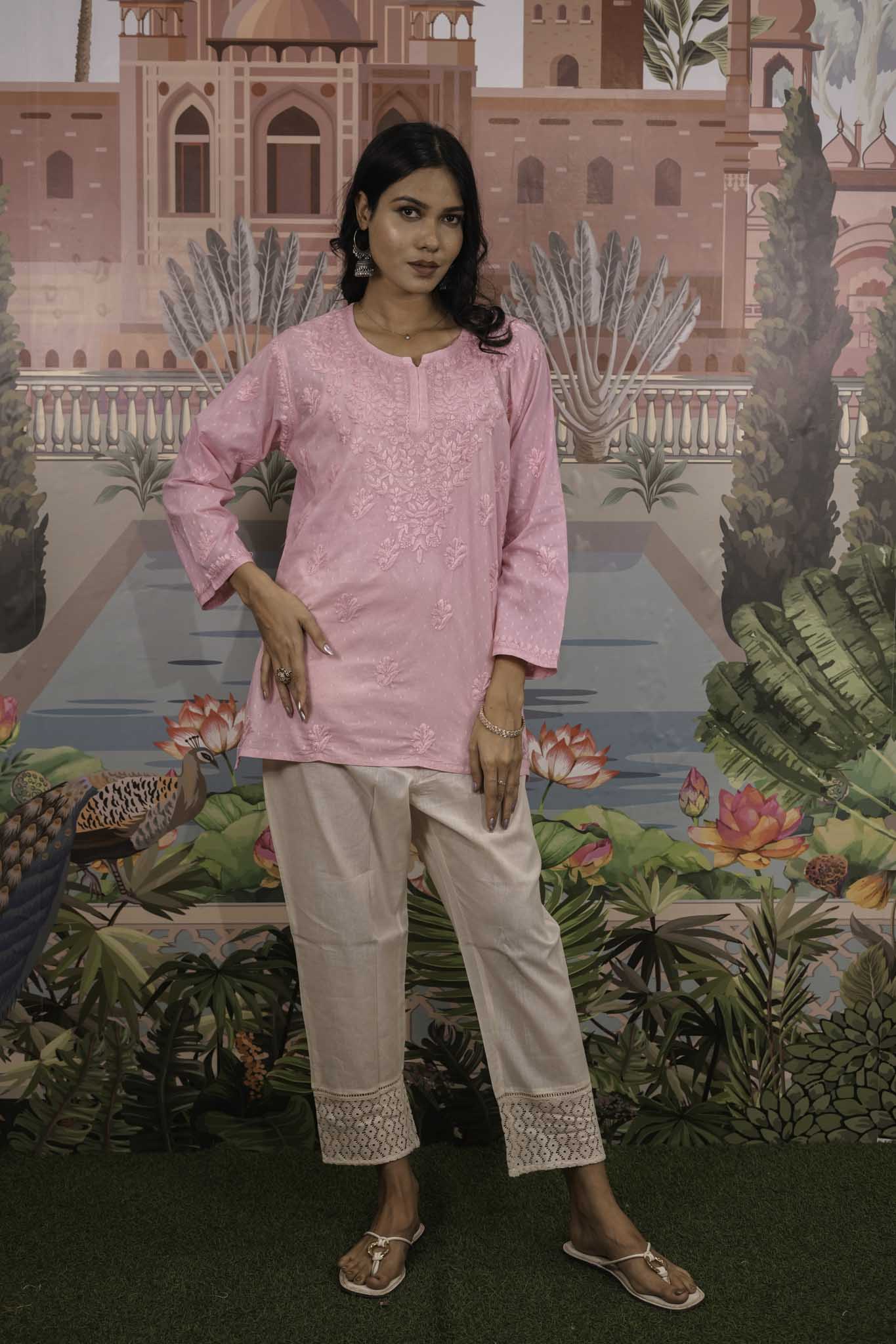 Dobby Cotton Pink Chikankari Short Kurti