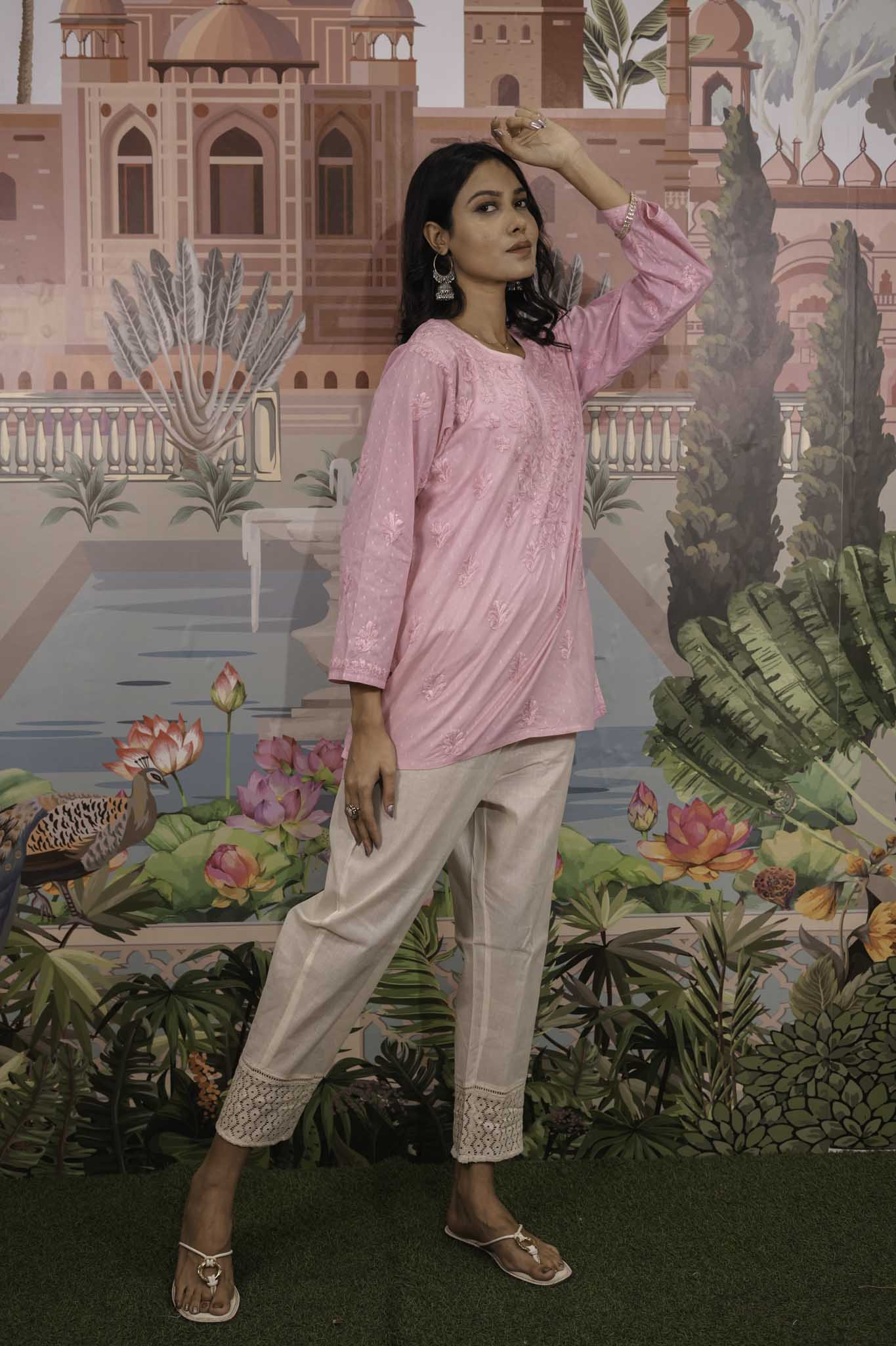 Dobby Cotton Pink Chikankari Short Kurti