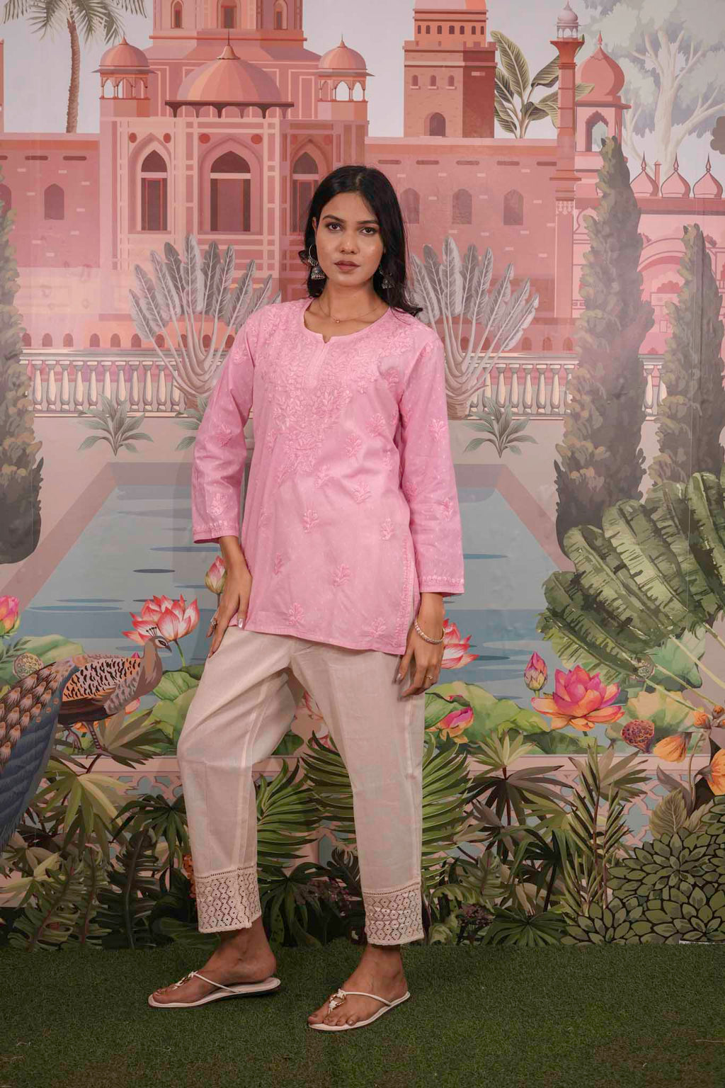 Dobby Cotton Pink Chikankari Short Kurti