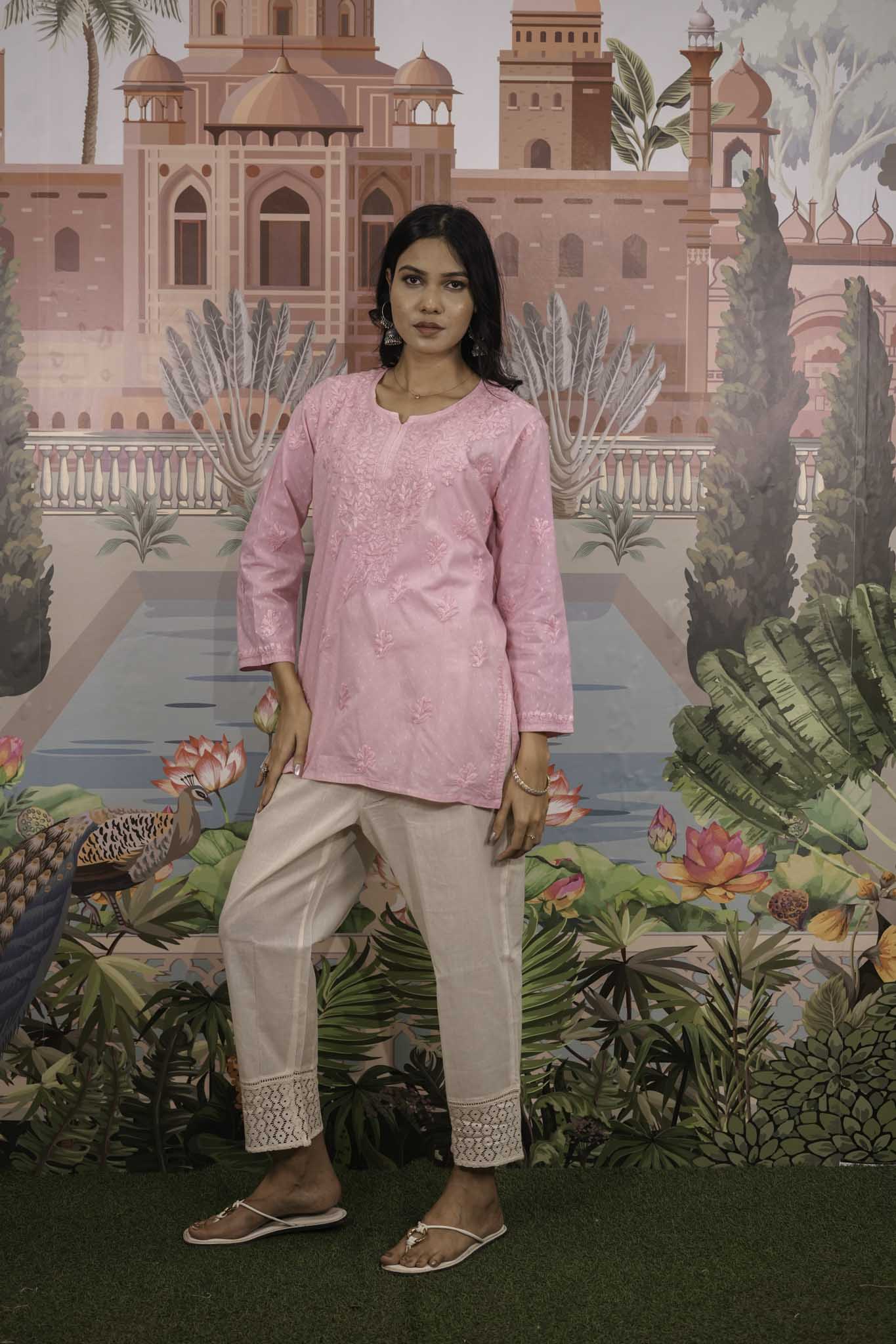 Dobby Cotton Pink Chikankari Short Kurti