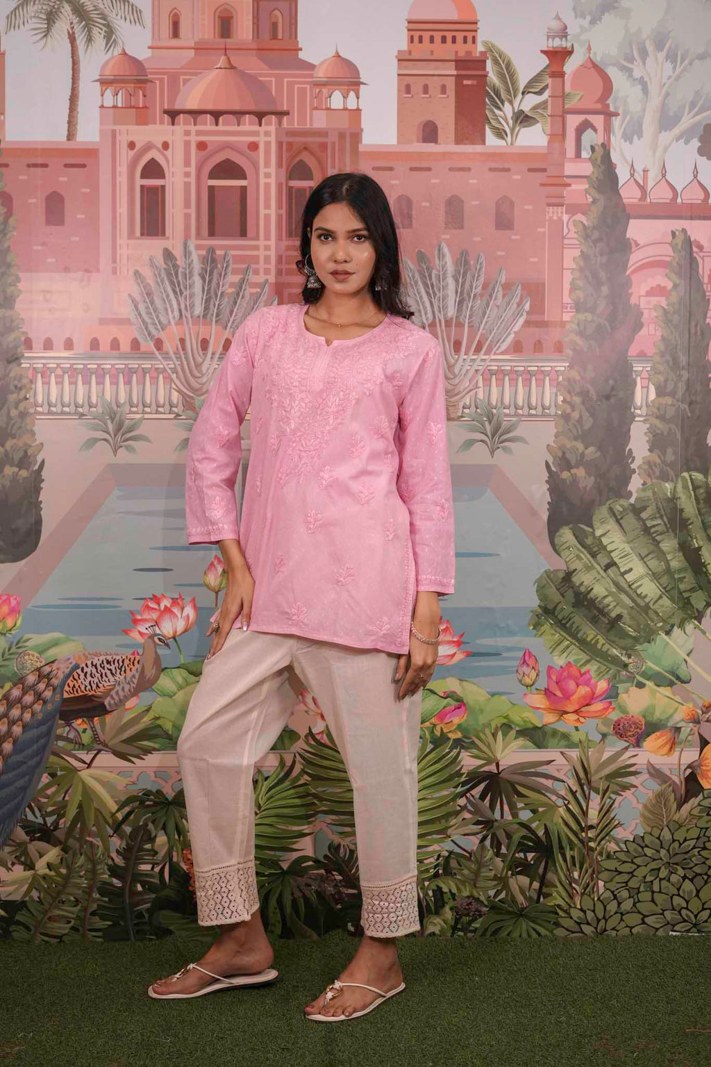Dobby Cotton Pink Chikankari Short Kurti