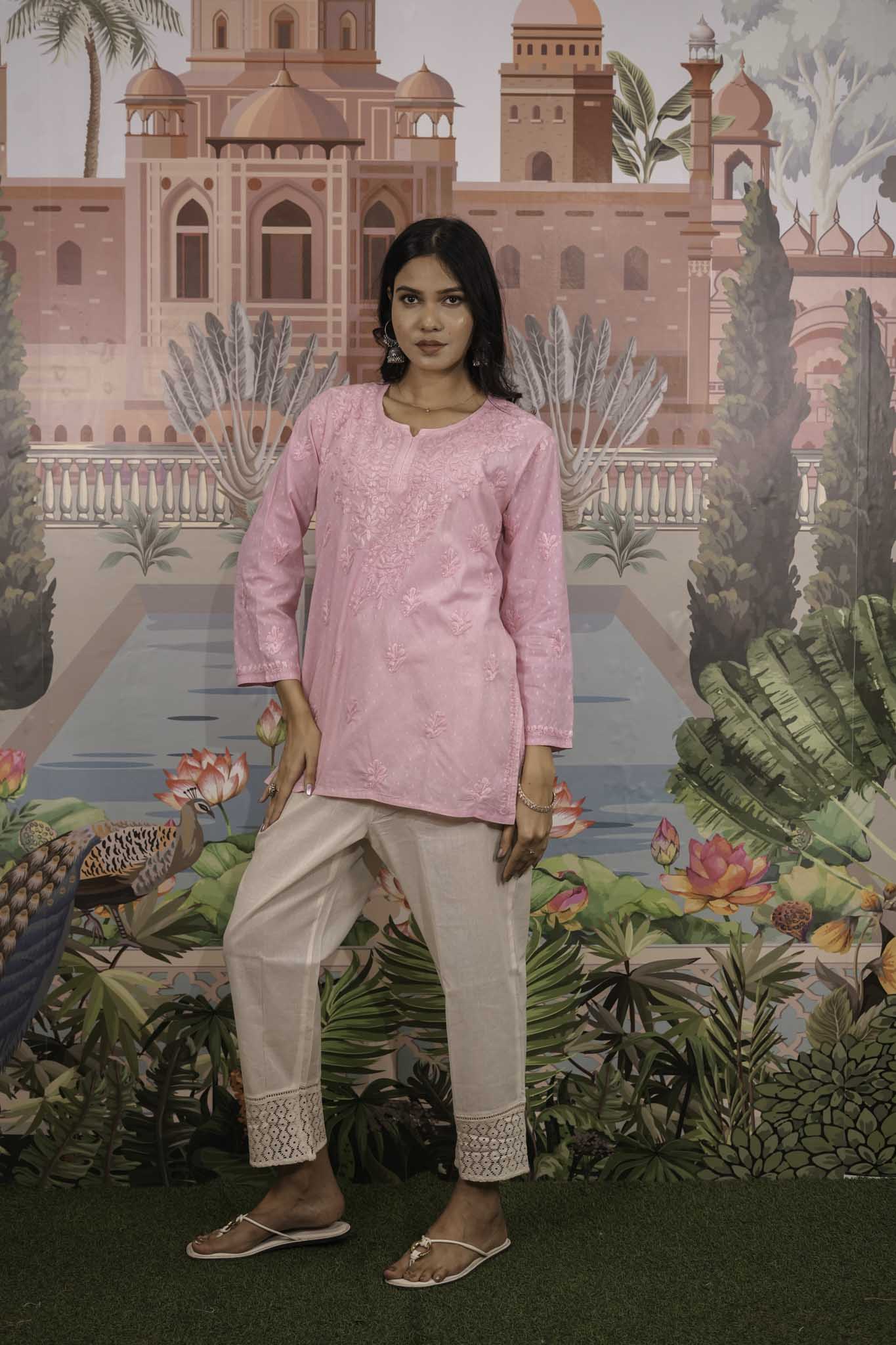 Dobby Cotton Pink Chikankari Short Kurti