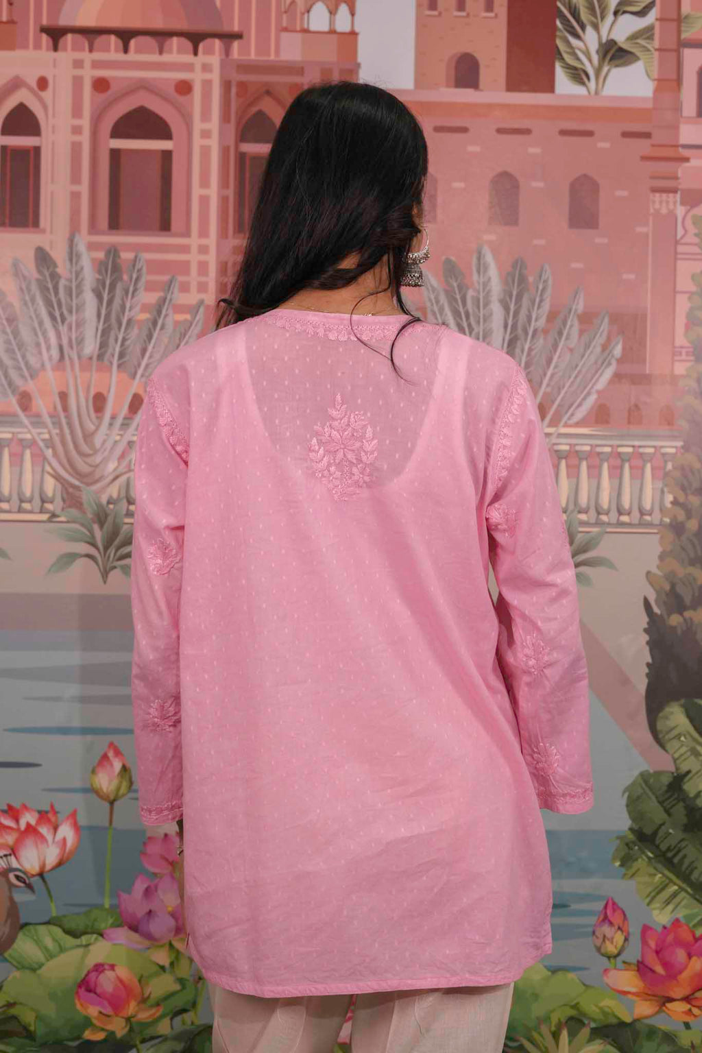 Dobby Cotton Pink Chikankari Short Kurti