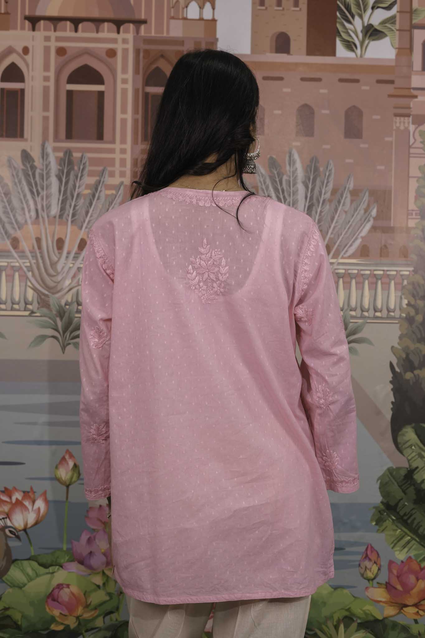 Dobby Cotton Pink Chikankari Short Kurti
