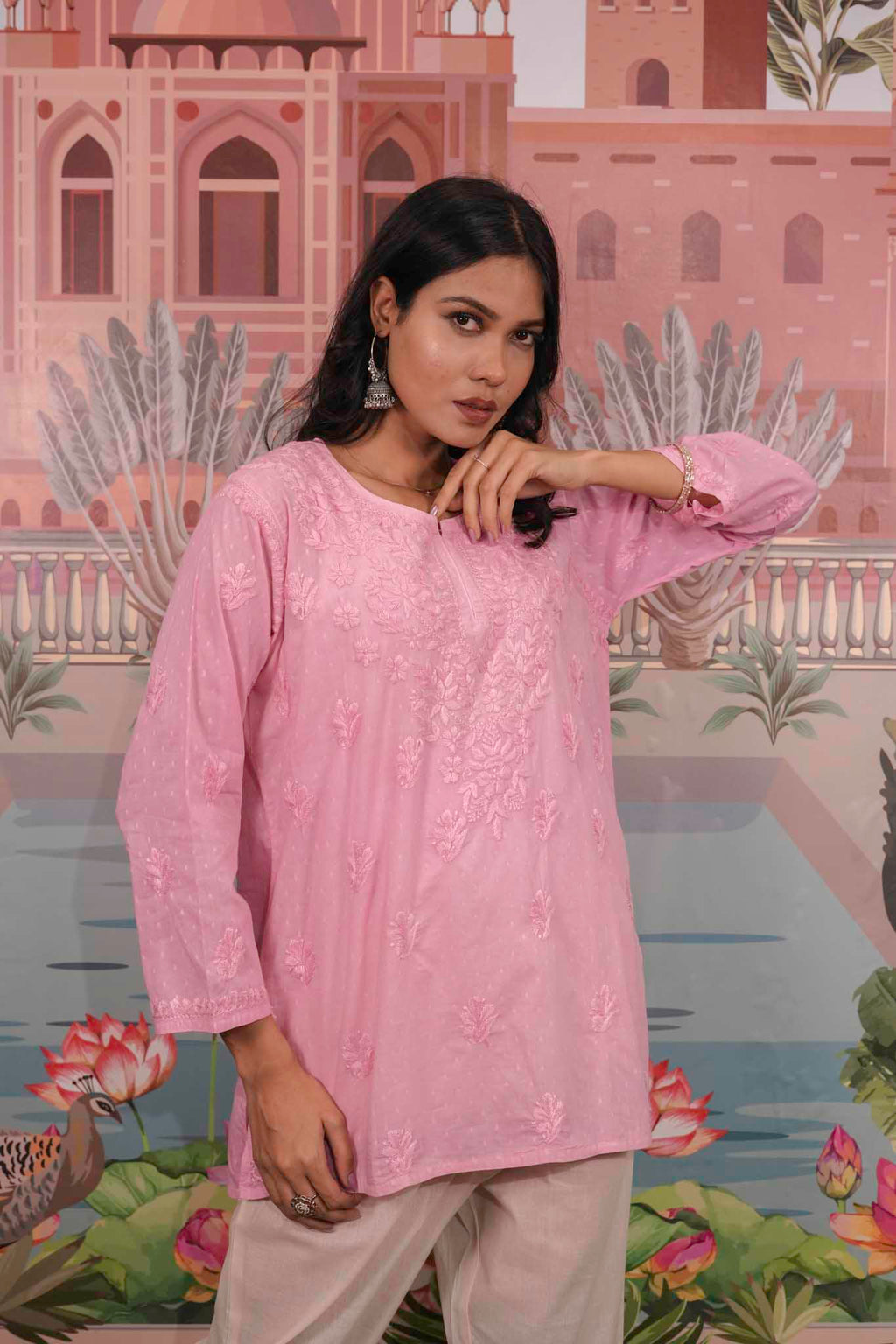 Dobby Cotton Pink Chikankari Short Kurti