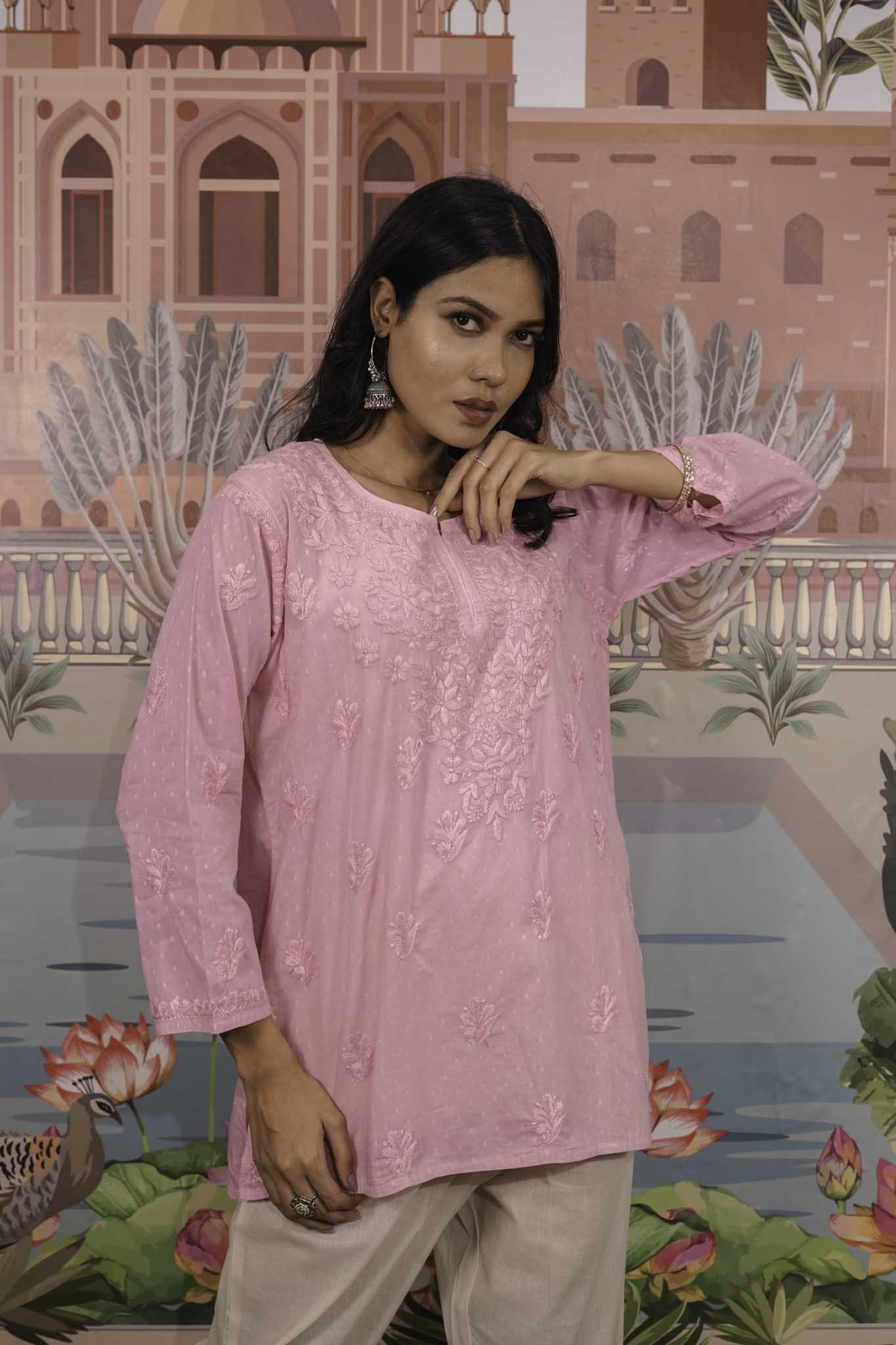 Dobby Cotton Pink Chikankari Short Kurti
