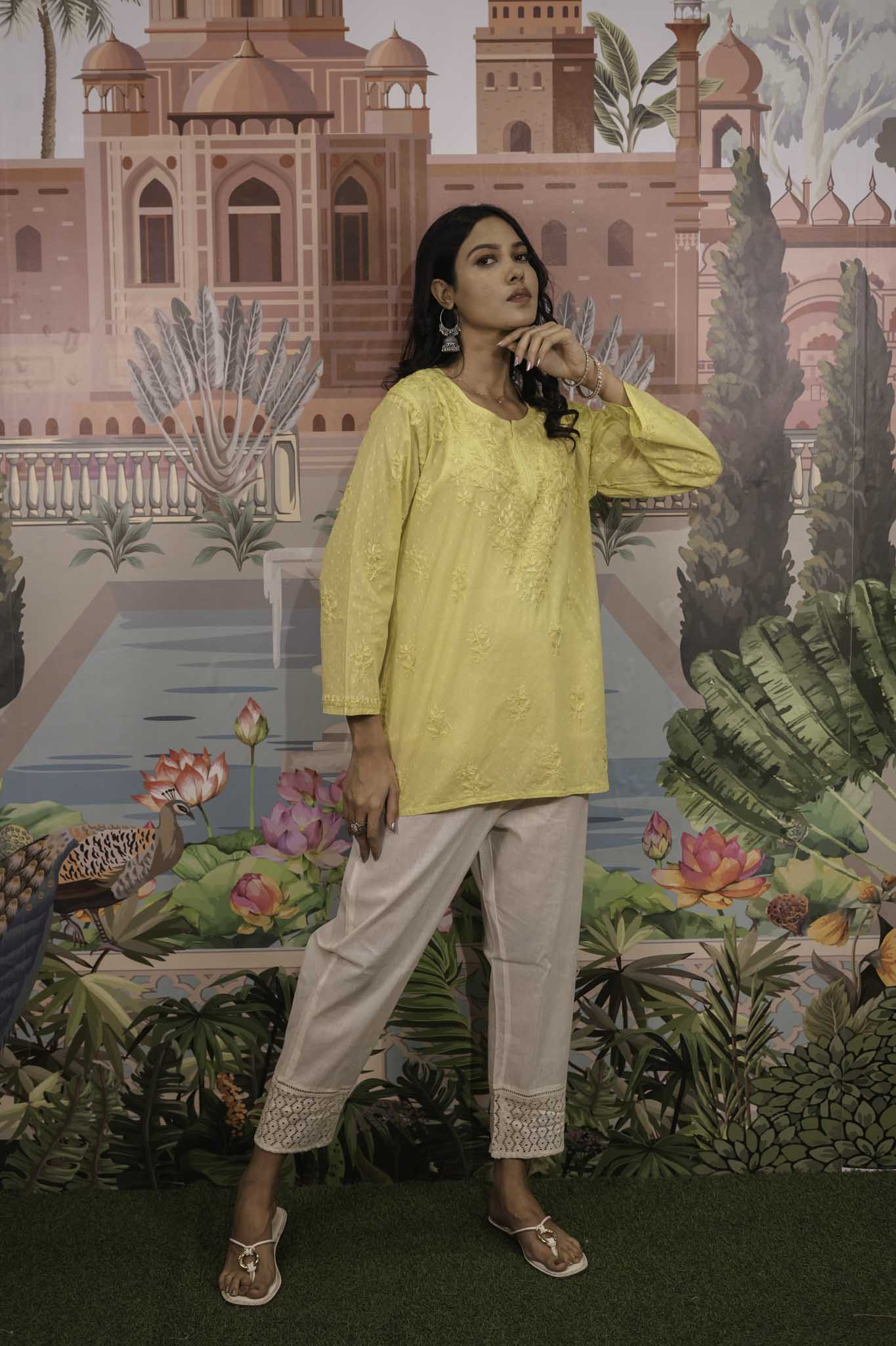 Dobby Cotton Yellow Chikankari Short Kurti
