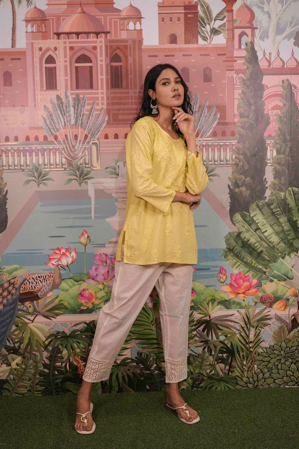 Dobby Cotton Yellow Chikankari Short Kurti