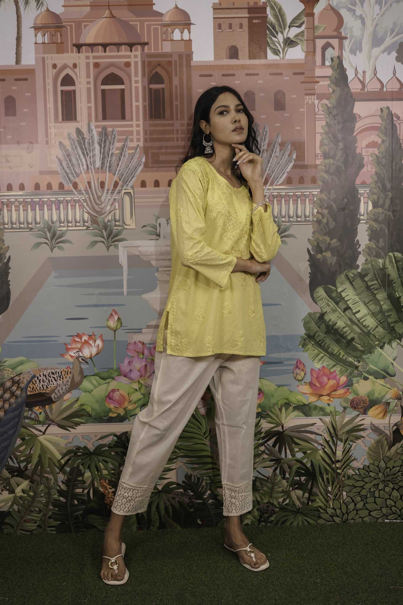 Dobby Cotton Yellow Chikankari Short Kurti