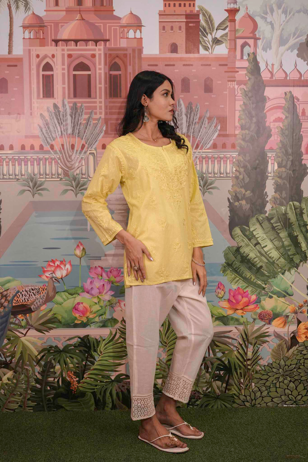 Dobby Cotton Yellow Chikankari Short Kurti
