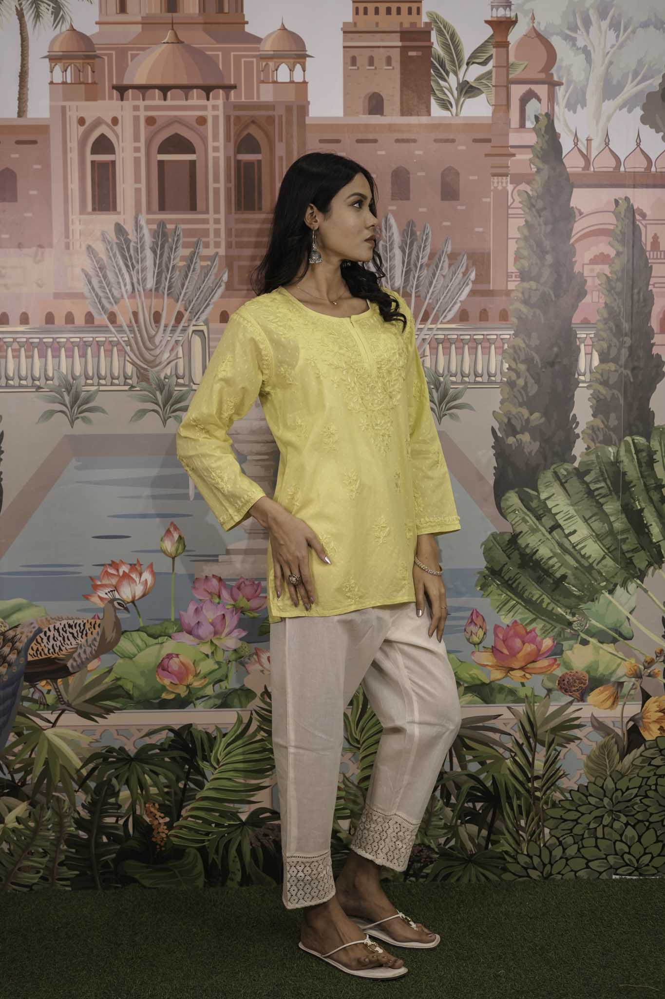 Dobby Cotton Yellow Chikankari Short Kurti