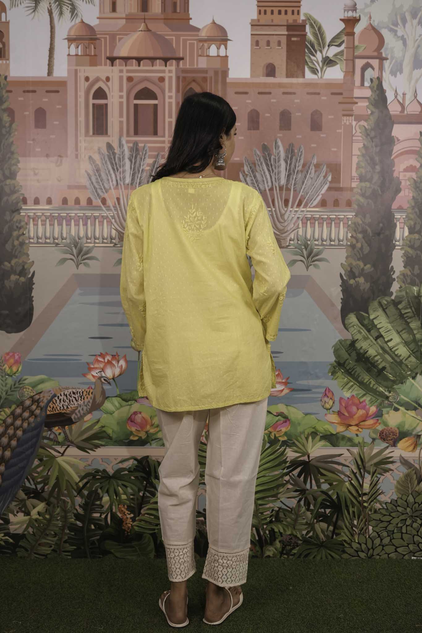 Dobby Cotton Yellow Chikankari Short Kurti