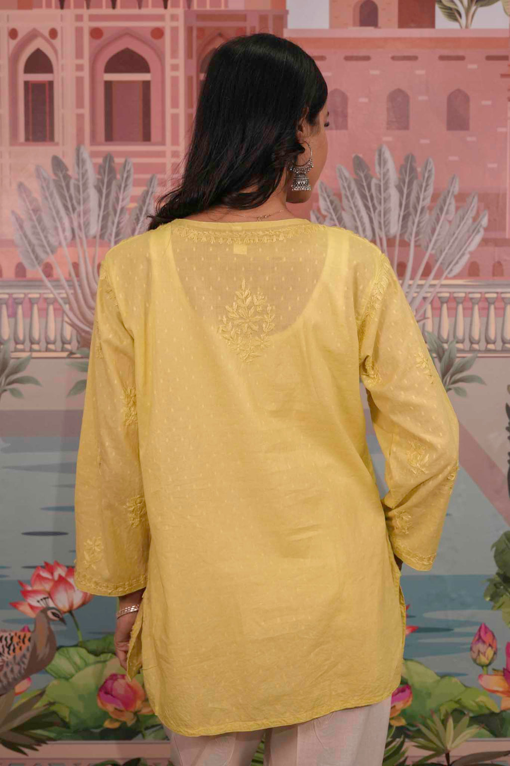 Dobby Cotton Yellow Chikankari Short Kurti