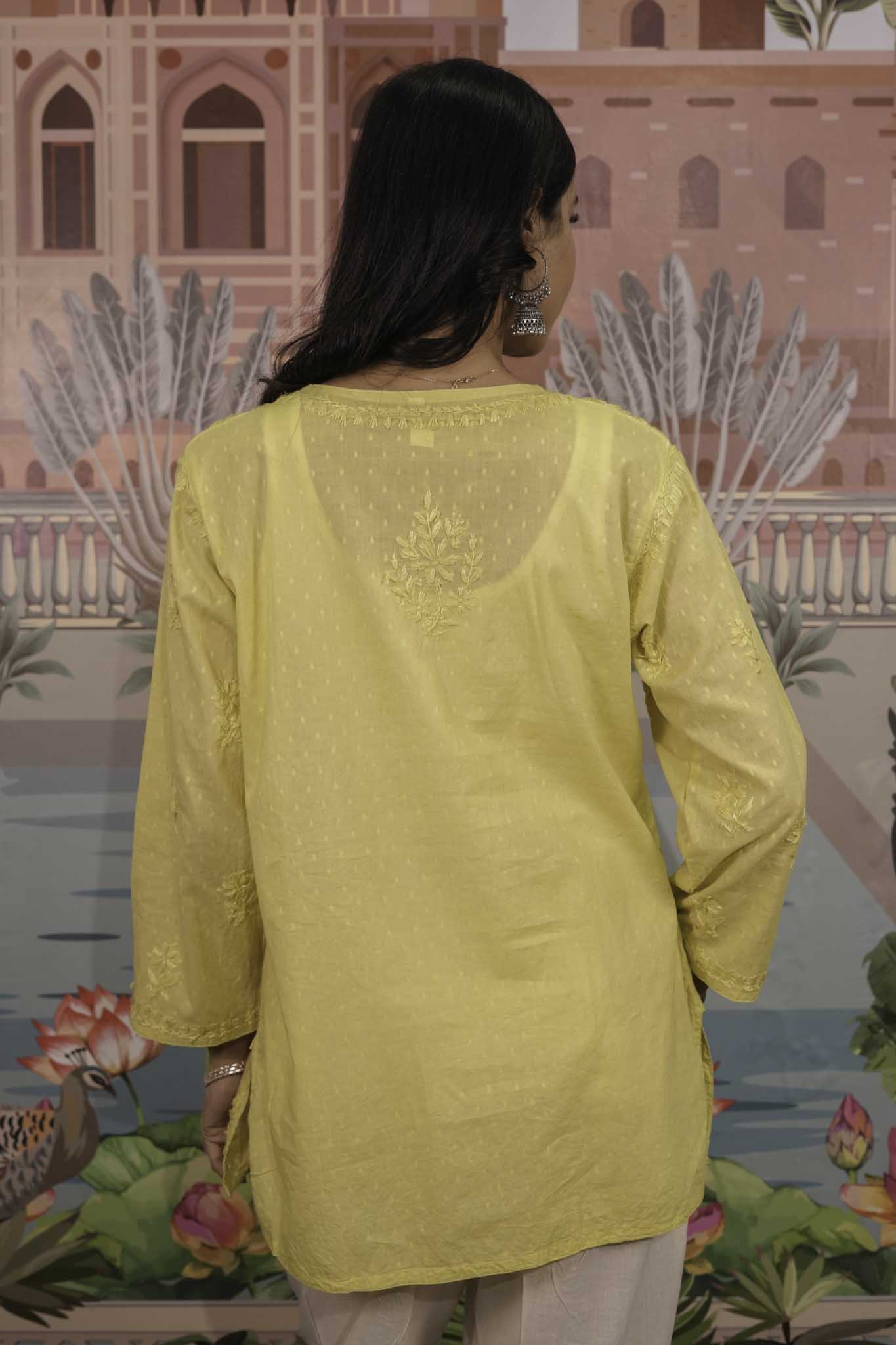 Dobby Cotton Yellow Chikankari Short Kurti