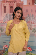 Dobby Cotton Yellow Chikankari Short Kurti