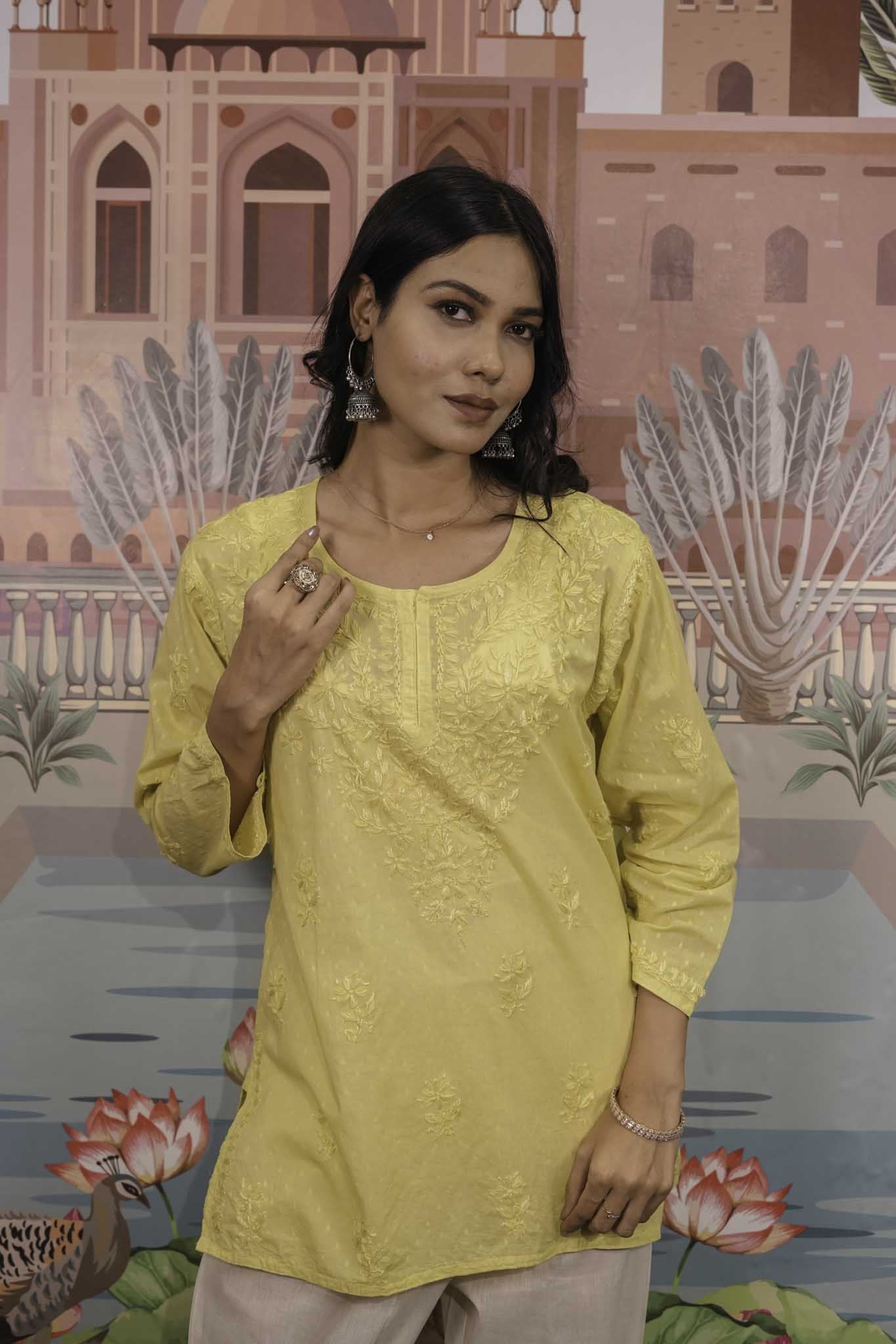 Dobby Cotton Yellow Chikankari Short Kurti